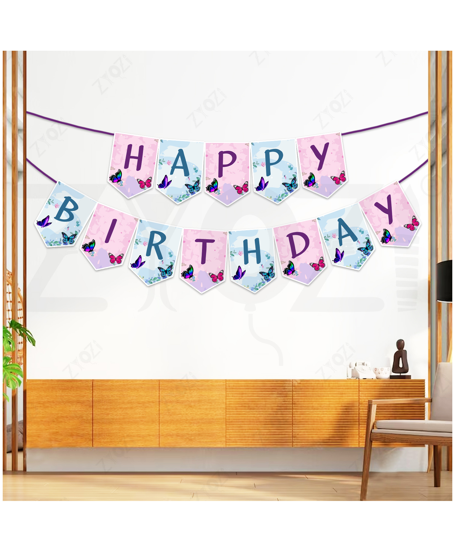 Zyozi Butterfly Theme Birthday Banner, Pink & Purple, Birthday Party Decorations Kit For Baby Girls-image-15