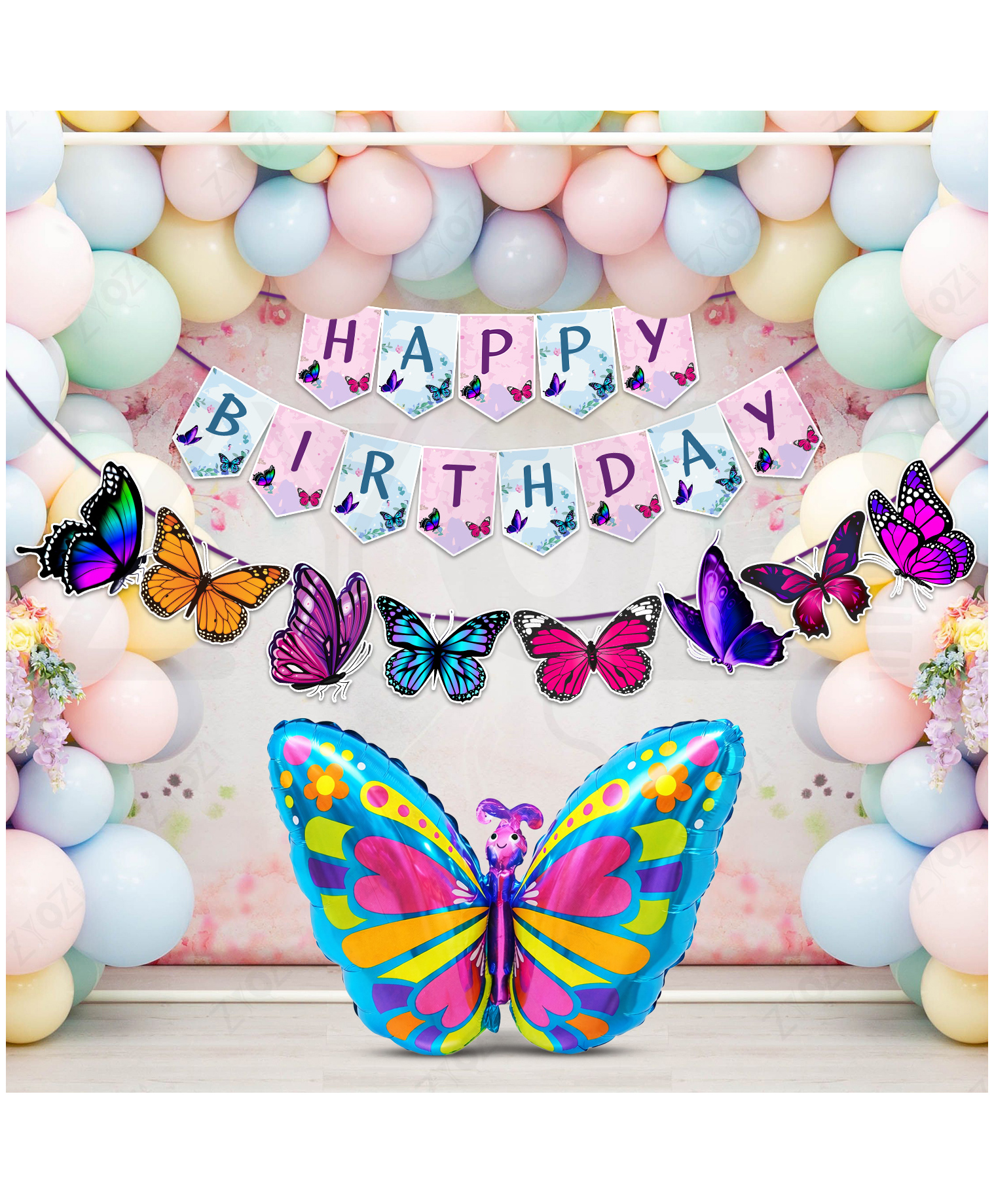 Zyozi Butterfly Theme Birthday Decorations Item For Baby Girls, Multicolor - Pack Of 55-picture-13