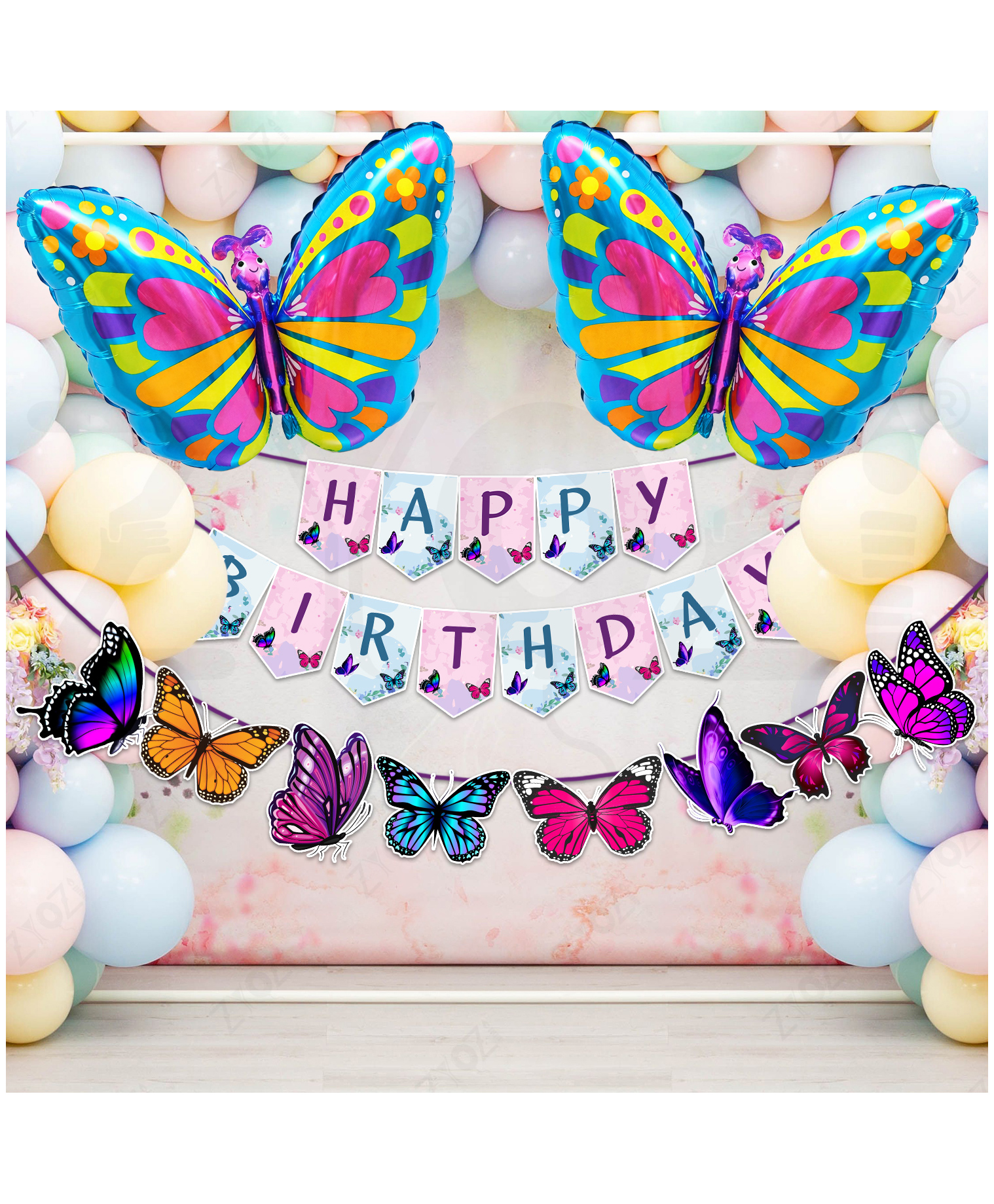 Zyozi Butterfly Theme Birthday Decorations Item For Baby Girls, Multicolor - Pack Of 56-picture-15