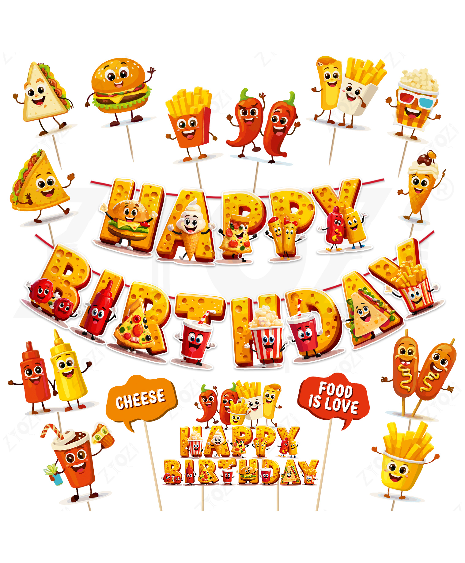 Zyozi Fast Food Theme Birthday Party Decorations Combo with Banner, Cake & Cupcake Toppers -Red & Gold 16 Pcs-image-28