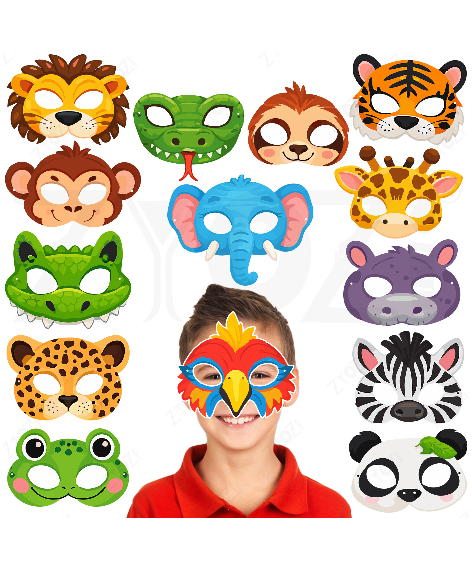 Zyozi Animal Theme Face Masks for Kids, Jungle Safari Theme Birthday Party Decorations Item, Multicolor - 14 Pcs-picture-20