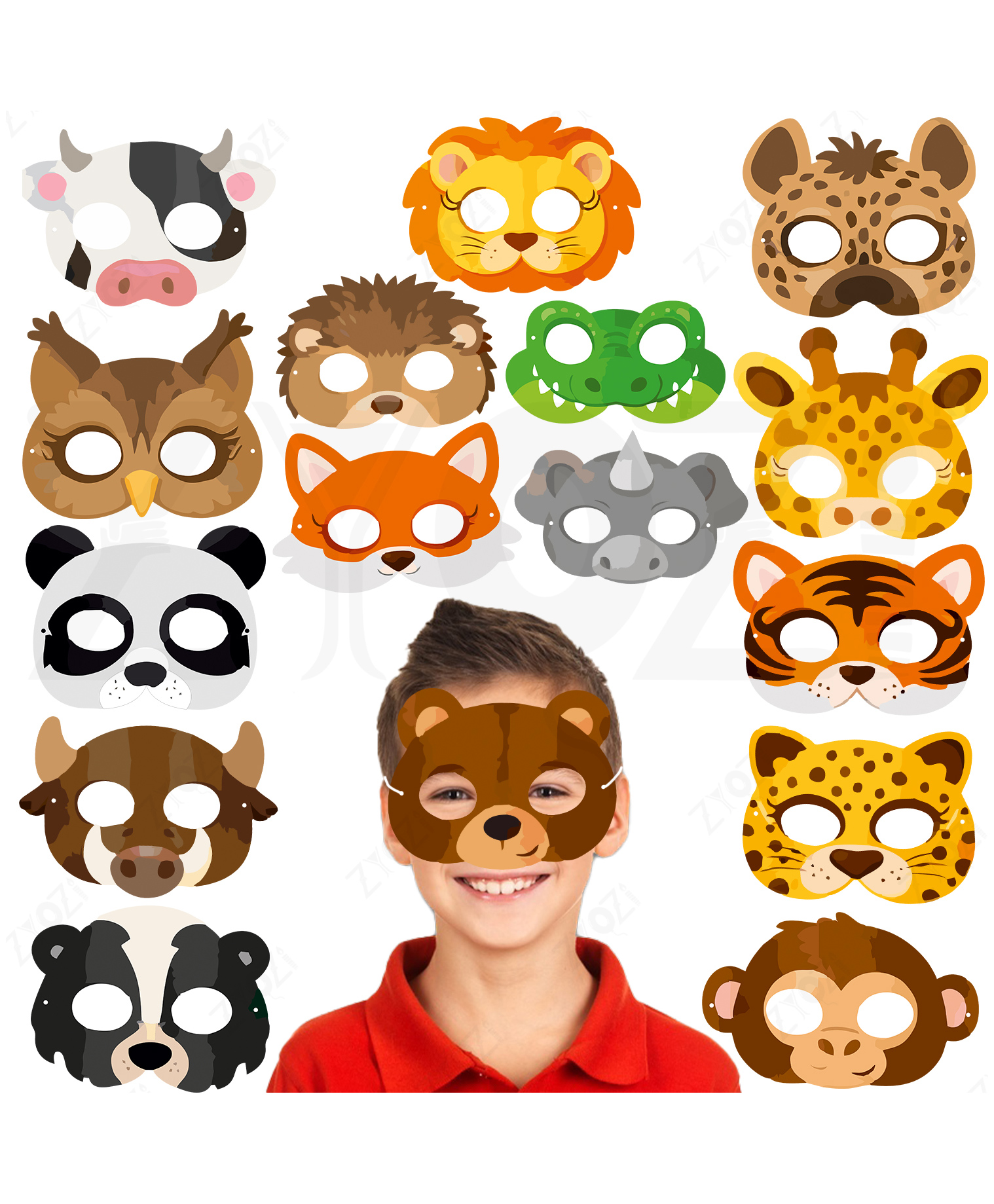 Zyozi Animal Theme Face Masks for Kids, Party Masks Set with Lion, Tiger, Panda, Bear & More, Jungle Theme Birthday-16 Pieces-picture-7