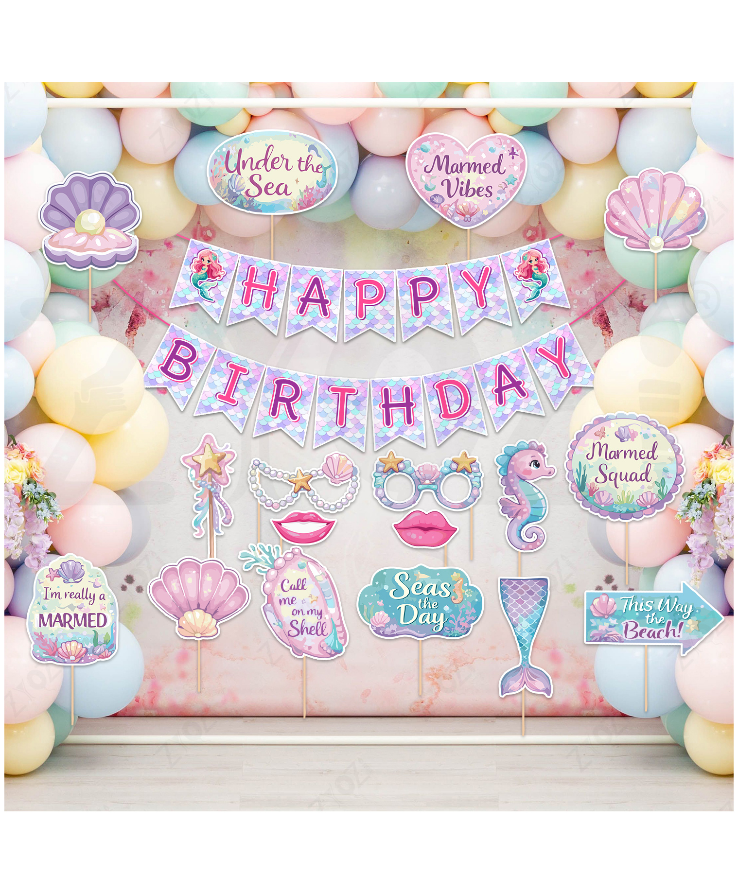 Zyozi Marmaid Theme Birthday Party Decorations Combo, Banner, PhotoBooth Props, Balloons, Arch & GlueDot- MultiColor -70 Pcs-picture-10