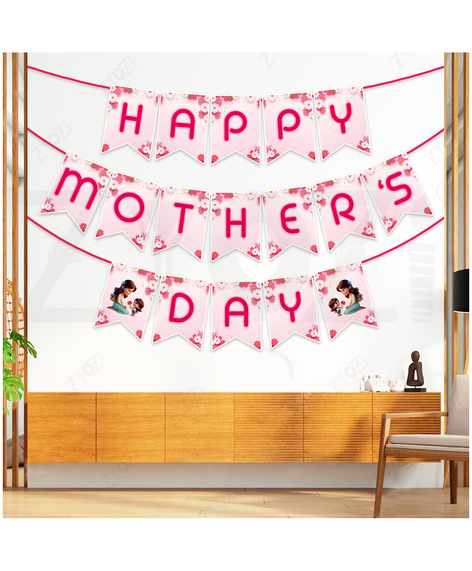 Zyozi Happy Mother's Day Banner, Pink Floral Bunting Banner For Mother's Day Decorations-picture-35