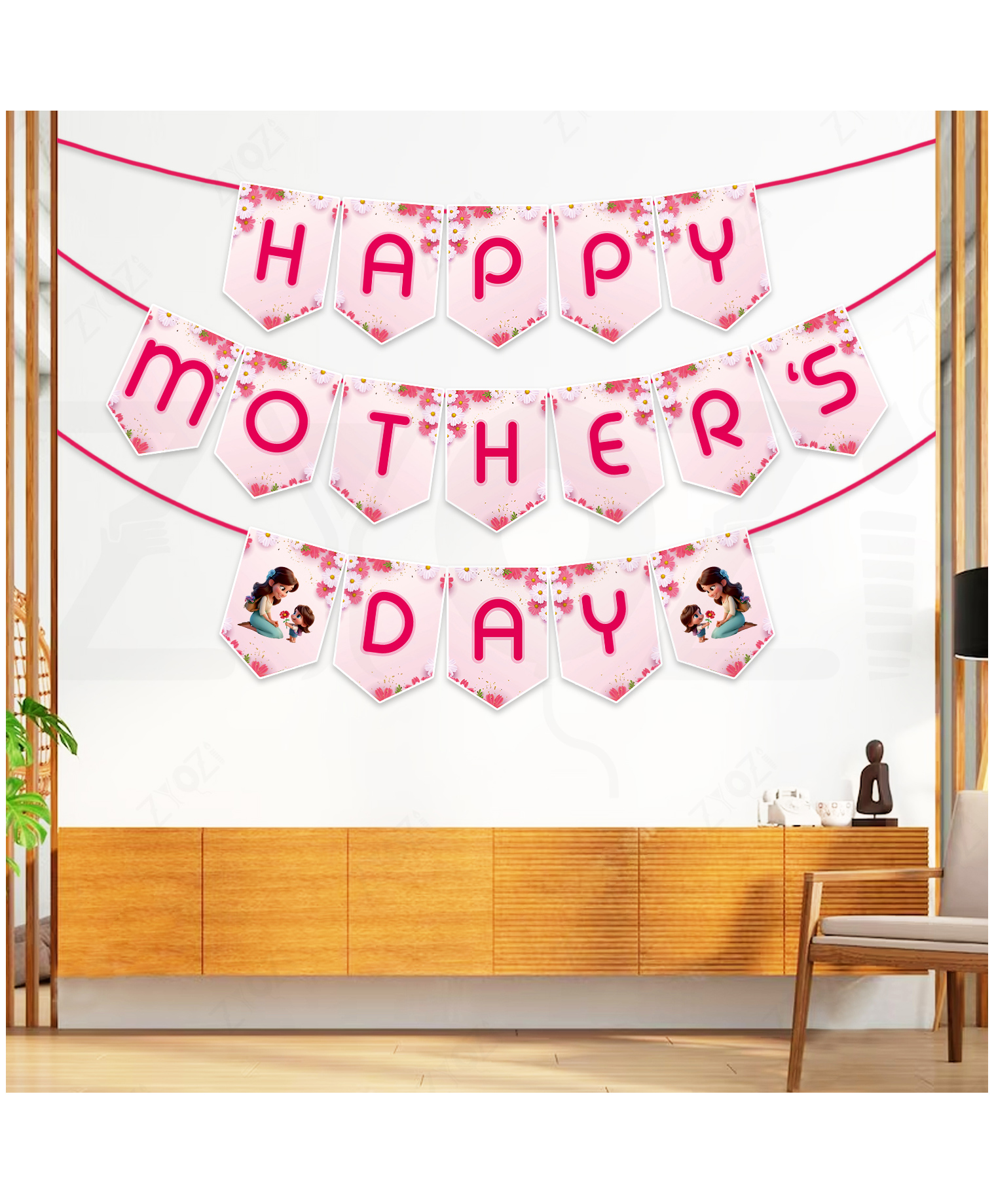 Zyozi Happy Mother's Day Banner, Pink Floral Bunting Garland, Party Decorations with Mother and Child Theme-Pink & White-picture-34