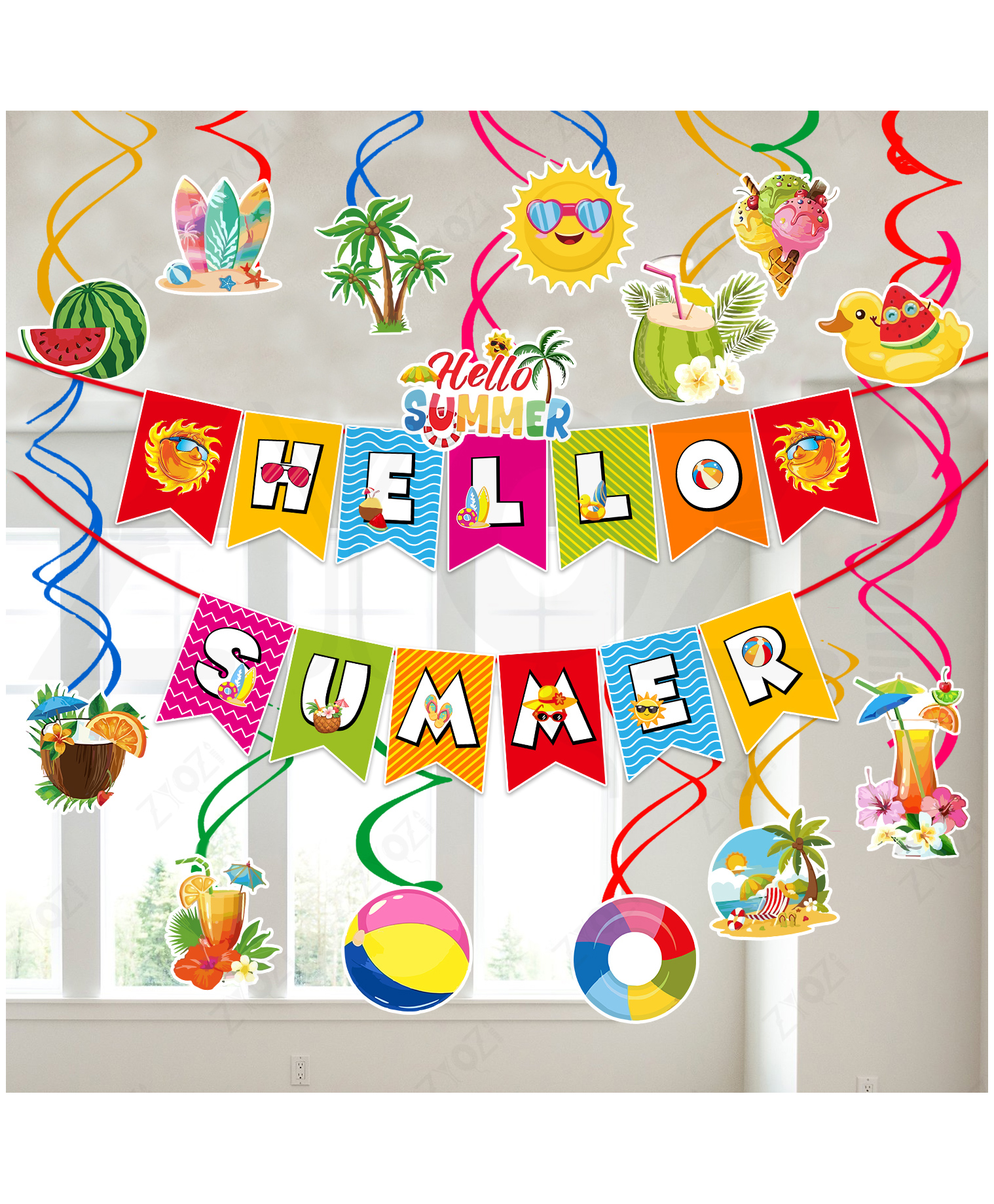 Zyozi Summer Theme Party Decorations Items,Banner with Hanging Swirls-Multicolor 15 Pieces-image-43