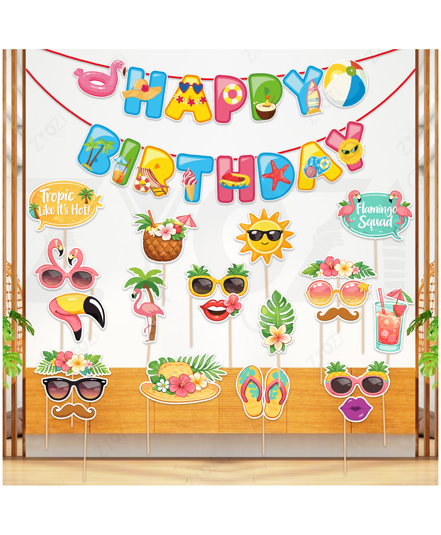 Zyozi Summer Theme Party Decorations,Tropical Birthday Banner & PhotoBooth Props, Multicolor-Pack Of 22-picture-32