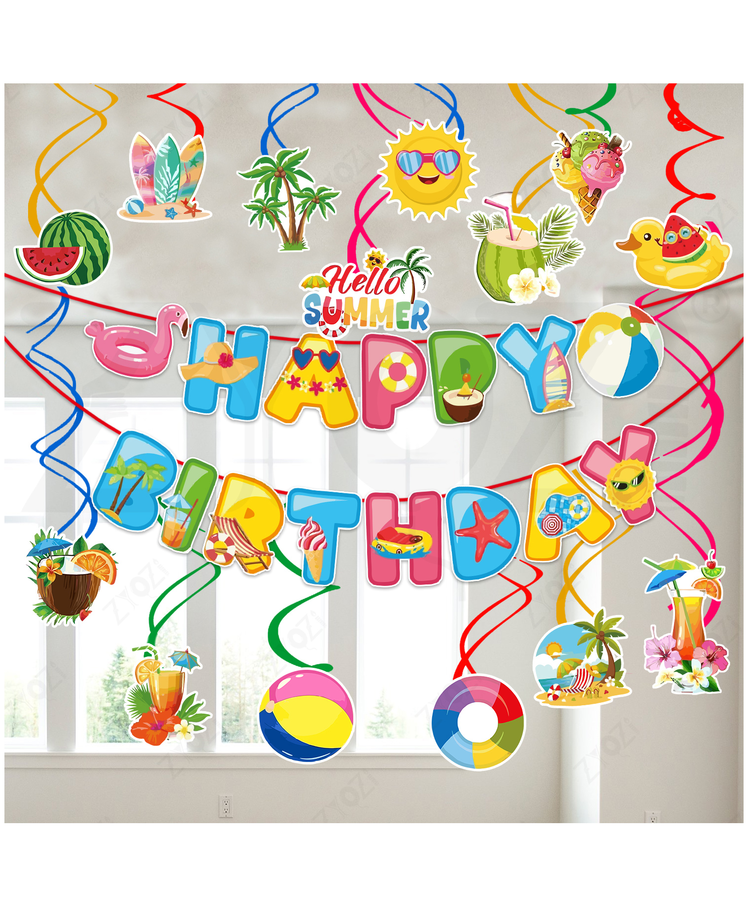 Zyozi Summer Theme Birthday Decorations Combo, Banner with Hanging Swirls, Pool Party Decorations-MultiColor 15 Pcs-image-14
