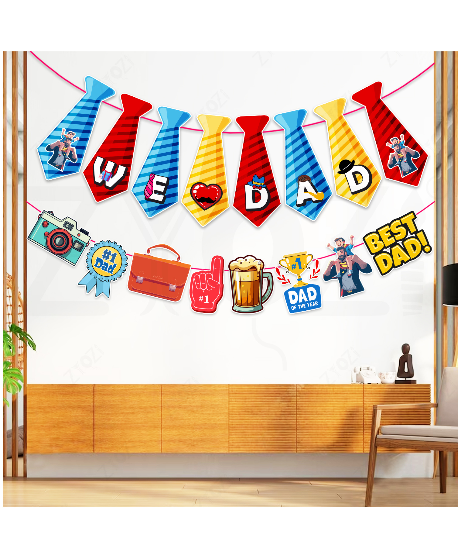Zyozi Father's Day Decoration Items, We Love Dad Tie Banner & Character Banner, MultiColor-Pack Of 2-picture-37