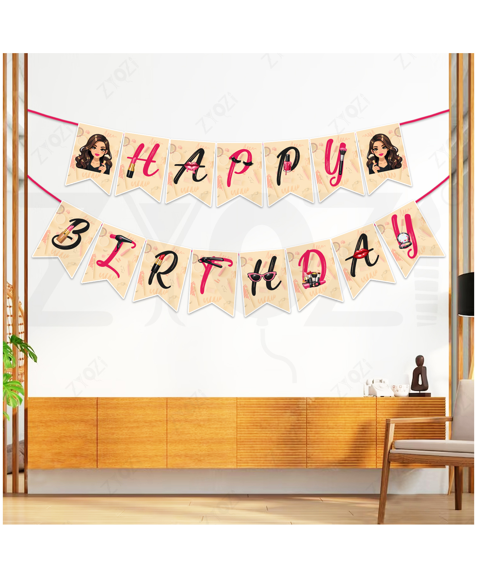 Zyozi Makeup Theme Birthday Banner, Pink & Black, Party Decorations Banner for Girls-image-5