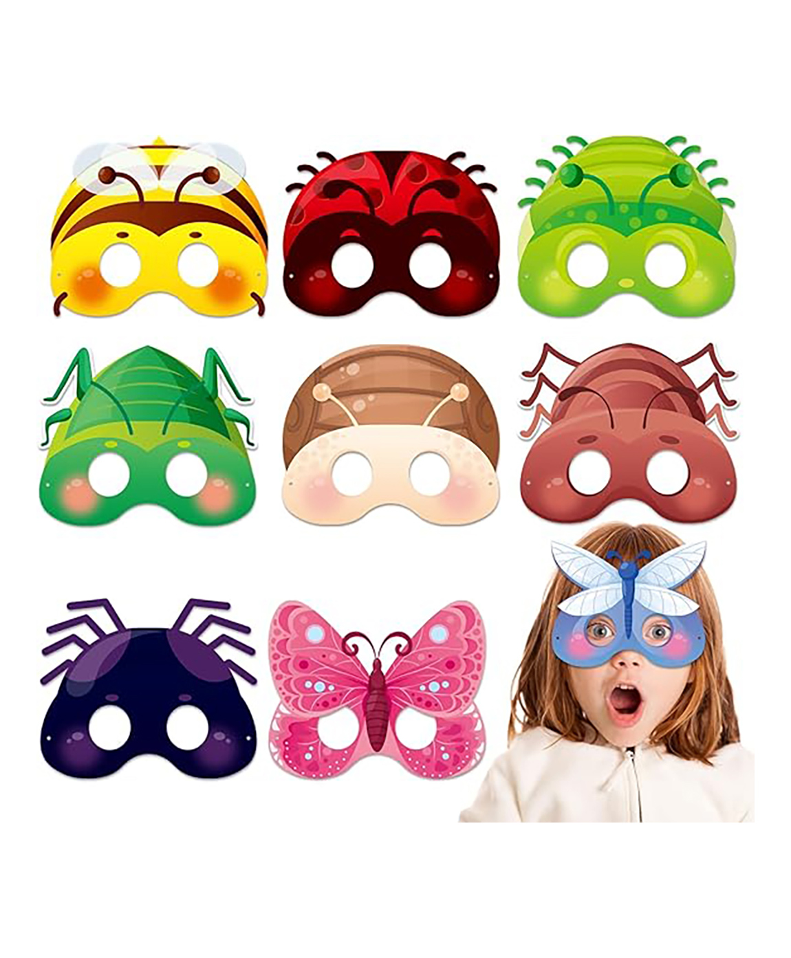 Zyozi Spring Bugs Masks for Kids, Party Costume Masks, Bee Ladybug Butterfly Designs, Spring Time Insect-Multi 9 Pcs-image-4
