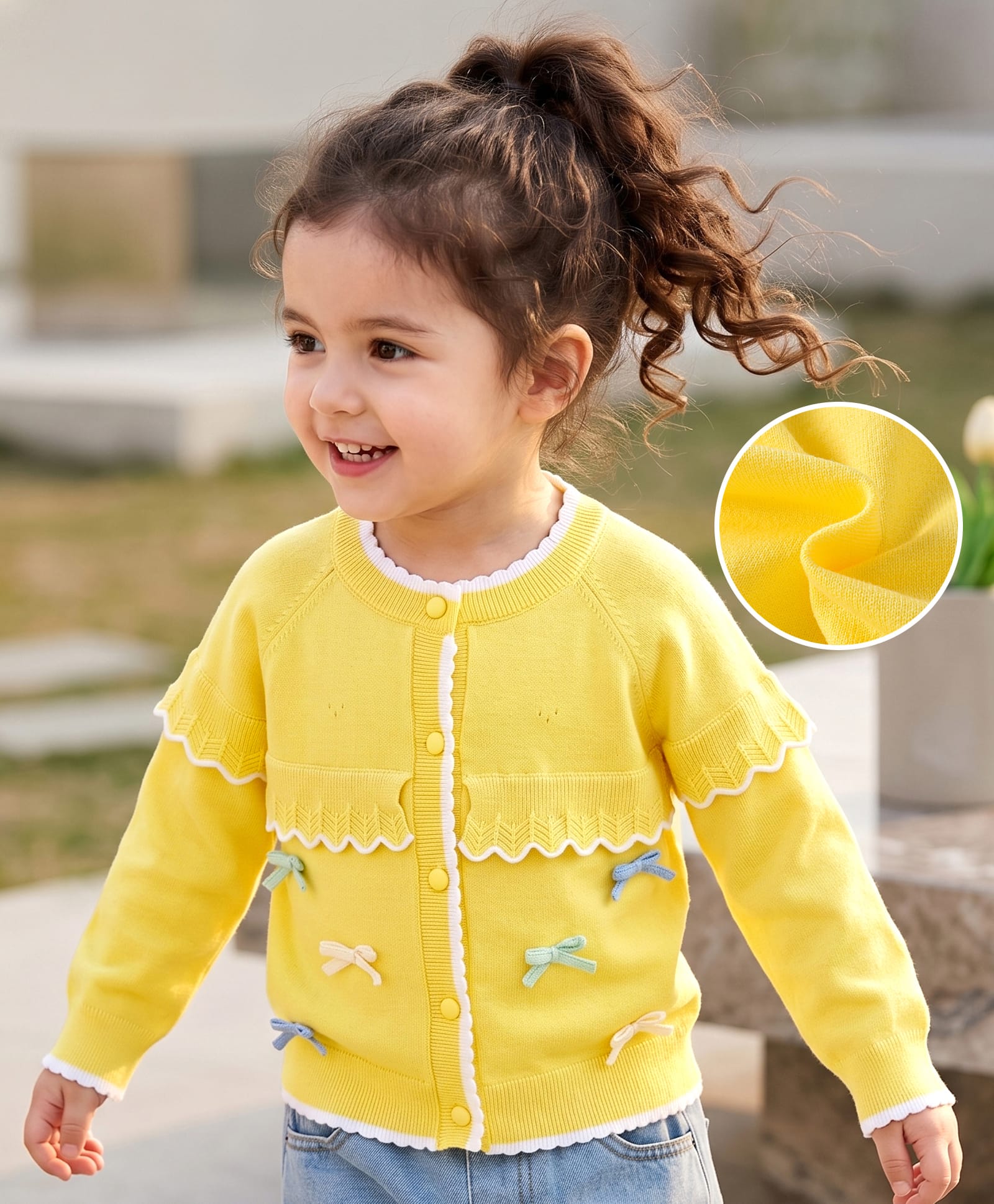 Mark & Mia Full Sleeves Front Open Sweater with Bow Applique - Yellow-picture-9