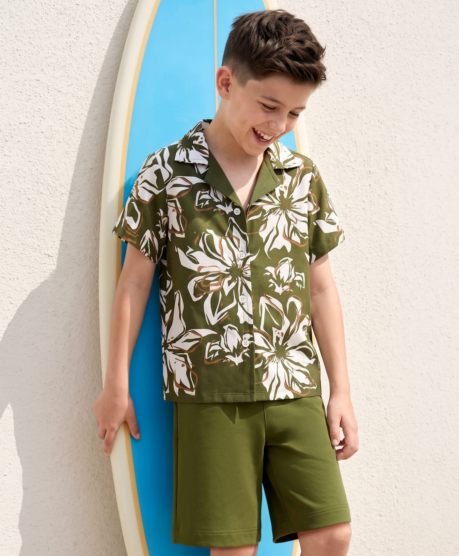 Ollington St. Set Of Cotton Knit Half Sleeves Shirt & Shorts with Floral Print - Multicolour & Olive Green-image-27