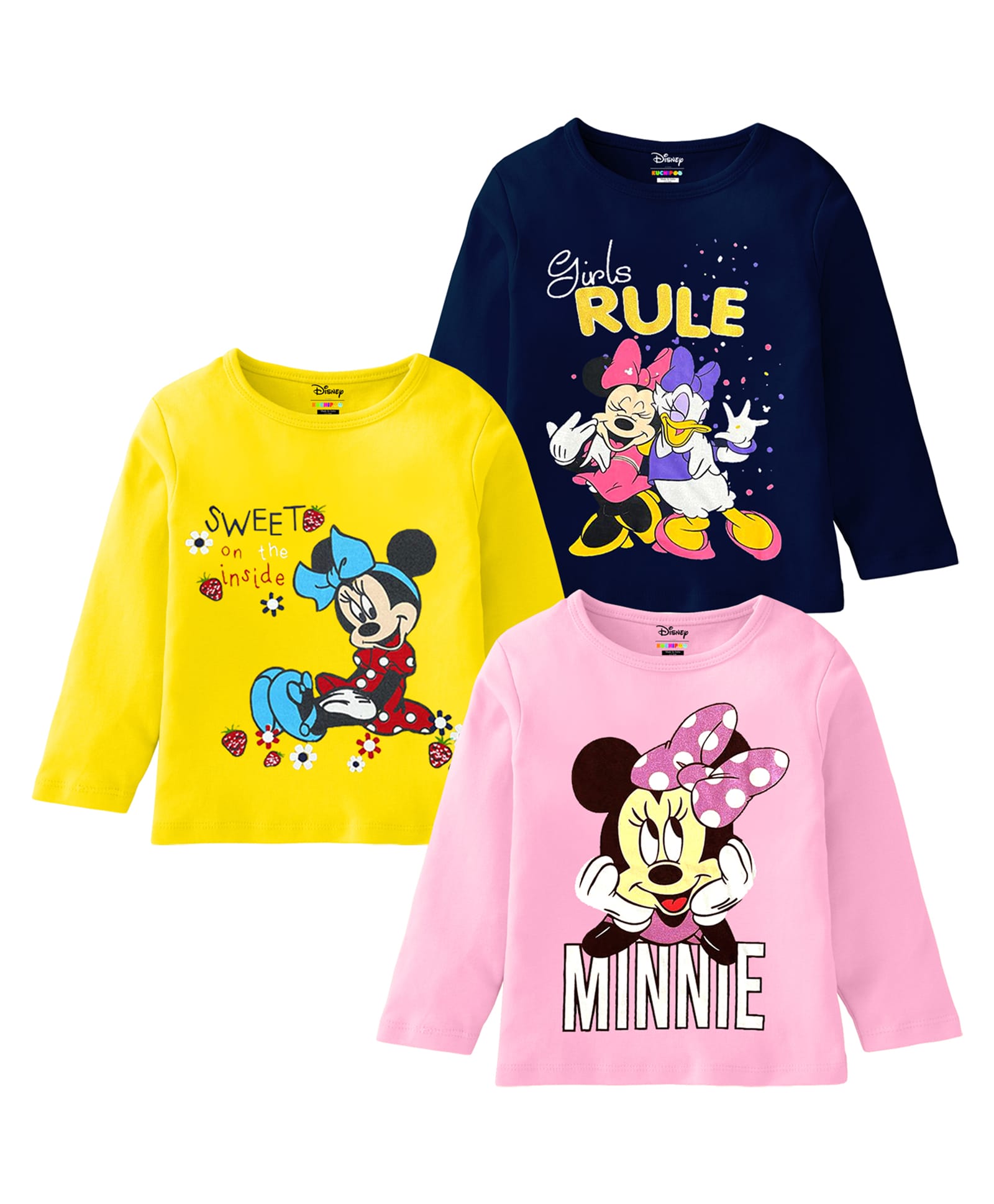 Kuchipoo Knit Full Sleeves Minnie Mouse & Daisy Duck Printed T-Shirt Pack of 3 -Yellow Pink & Navy-image-8