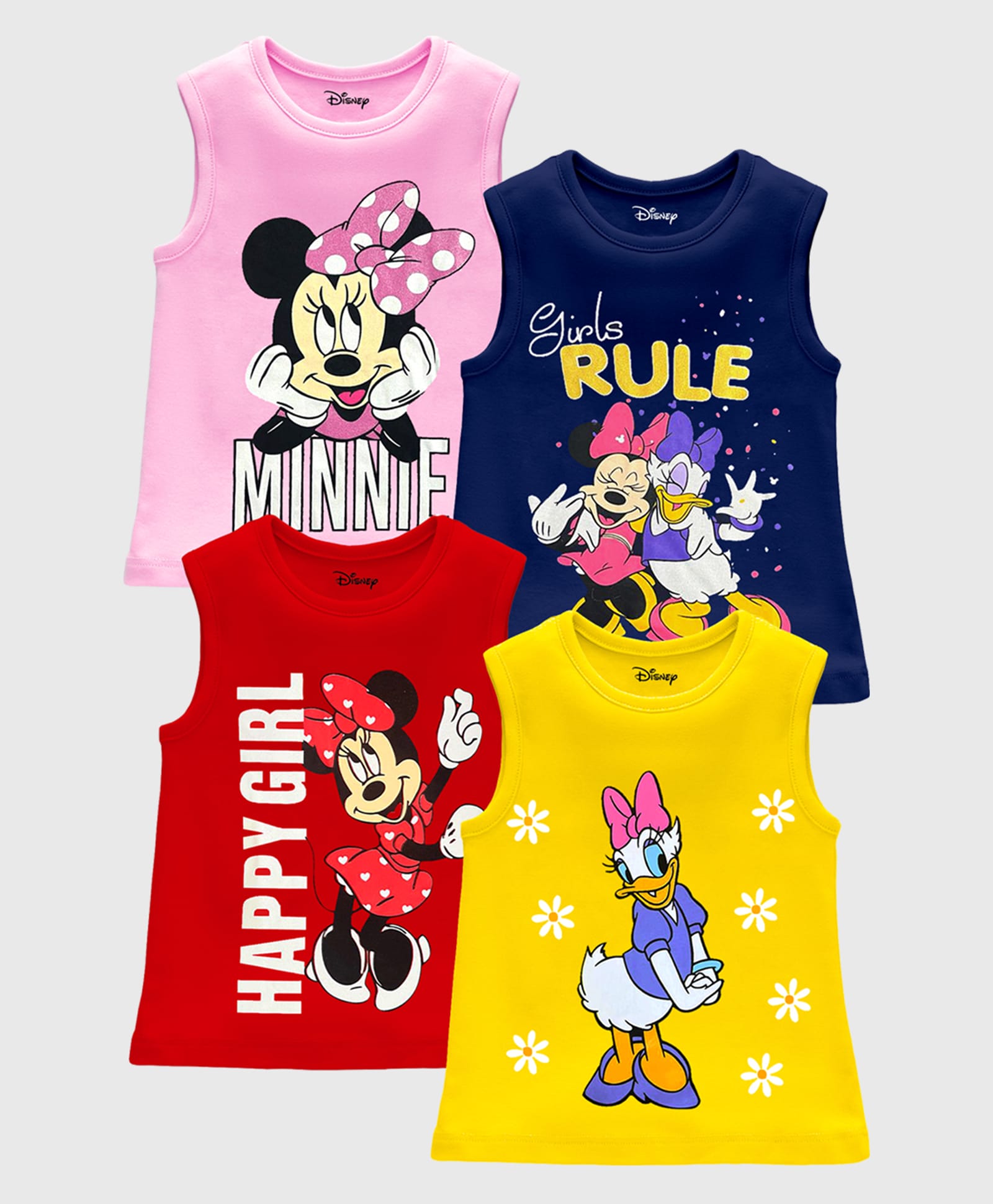 KUCHIPOO Knit Sleeveless Tank T-Shirts With Mickey & Friends Characters Pack Of 4 - Red Yellow & Pink-image-37