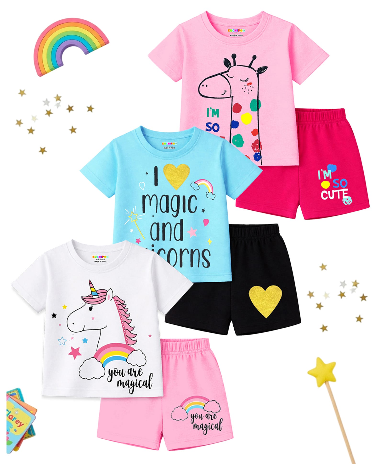 Kuchipoo Knit Half Sleeves T-Shirt & Shorts Set with Rainbow Animals & Text Print Pack of 3 - Pink Aqua & Off White-picture-47