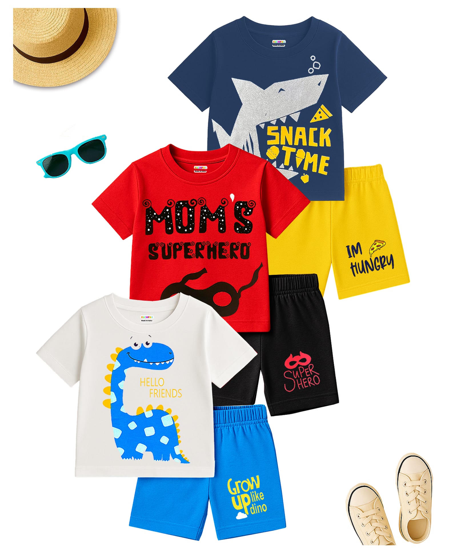 KUCHIPOO Cotton Knit Half Sleeves Dino & Text Printed T-Shirts & Shorts Pack of 3 - Navy Blue Red & White-image-8