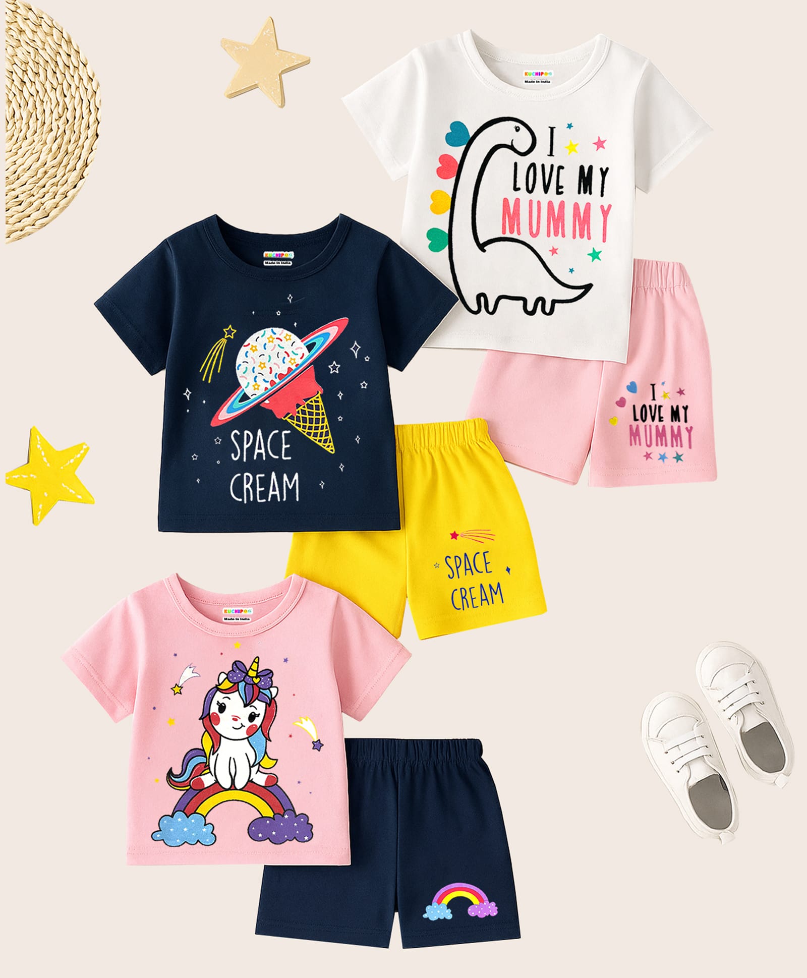 Kuchipoo Knit Half Sleeves T-Shirt & Shorts Set with Unicorn, Space & Dinosaur Print Pack of 3 - Pink Blue & White-picture-14