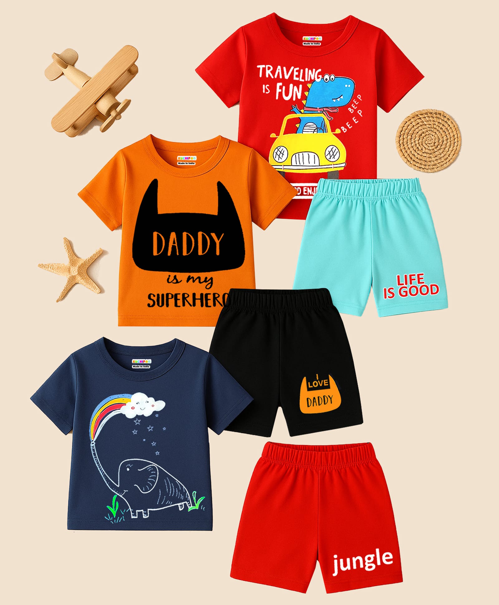 Kuchipoo Knit Half Sleeves T-Shirt & Shorts Set with Vehicles Dinosaur And Typography Print Pack of 3 - Navy Blue Red & Orange-picture-29