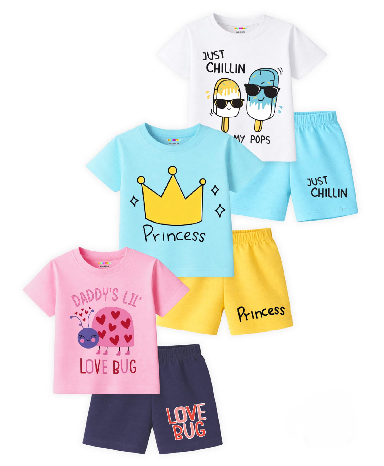 Kuchipoo Knit Half Sleeves Popsicle & Bug Printed T-Shirt & Shorts Set Pack of 3 - White Pink & Yellow-image-10