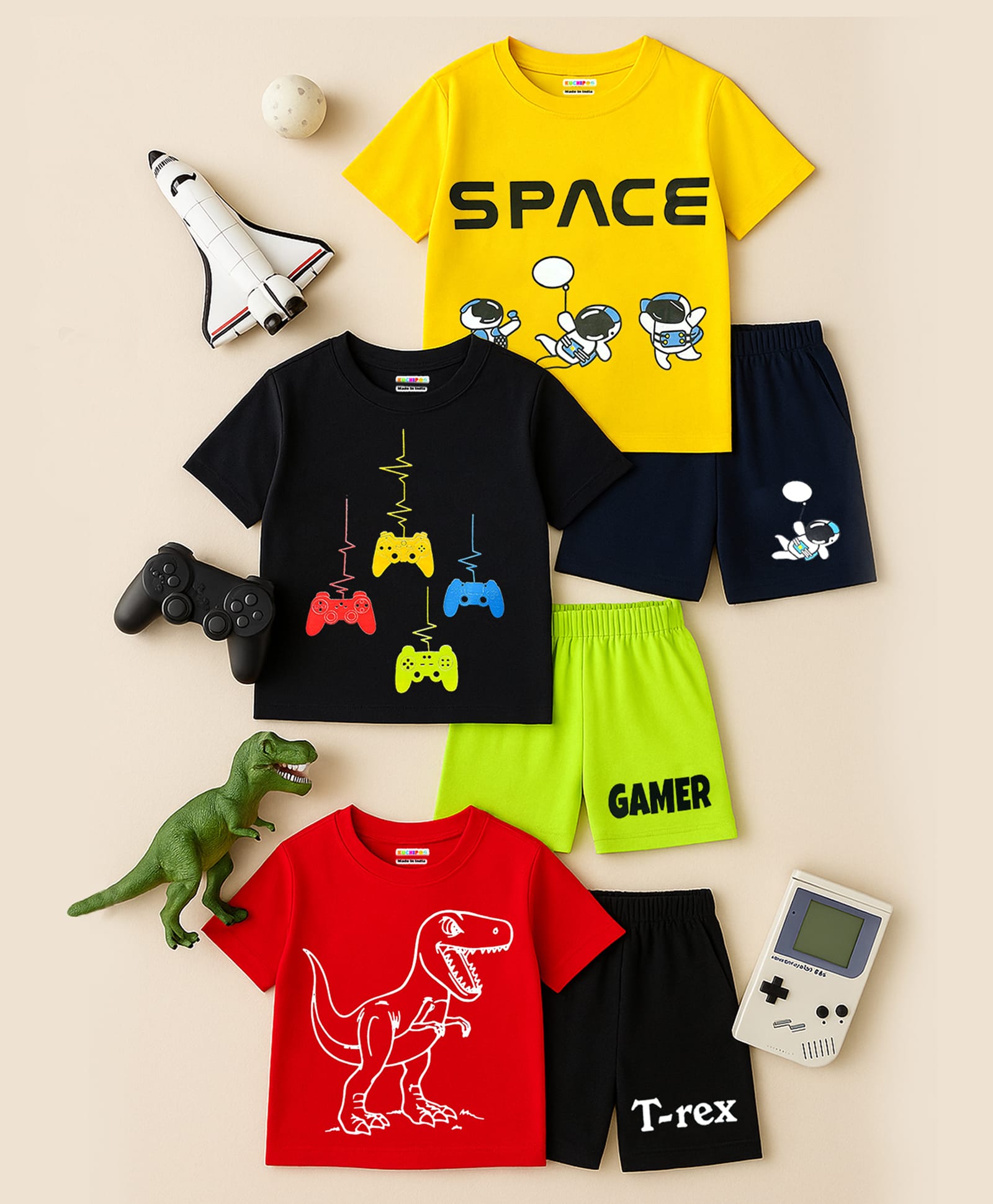 Kuchipoo Knit Half Sleeves Space Text & Dinosaur Printed T-Shirt & Shorts Set Pack of 3 - Red Black & Yellow-image-44