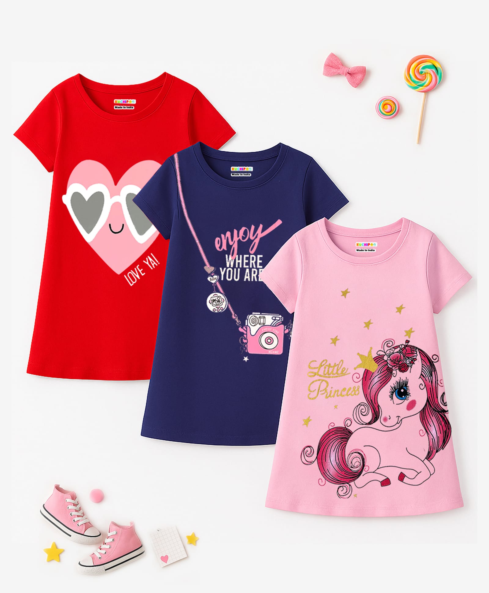 KUCHIPOO Knit Half Sleeves Unicorn Hearts & Text Printed Frocks Pack of 3 - Red Navy Blue Pink-image-46