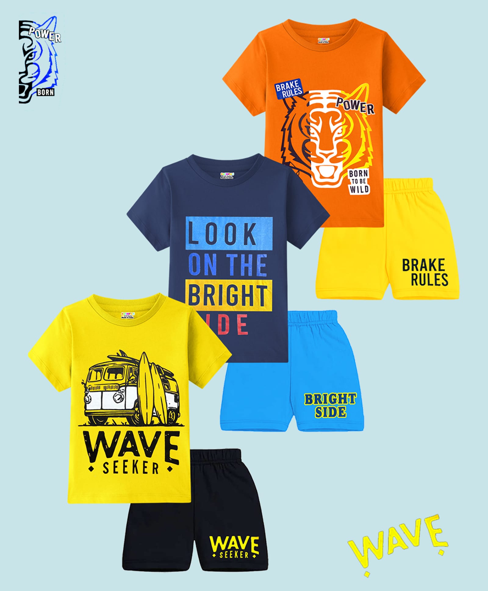 KUCHIPOO Knit Half Sleeves Bus Tiger & Text Printed T-Shirts & Shorts Pack Of 3 - Orange Yellow & Blue-image-7