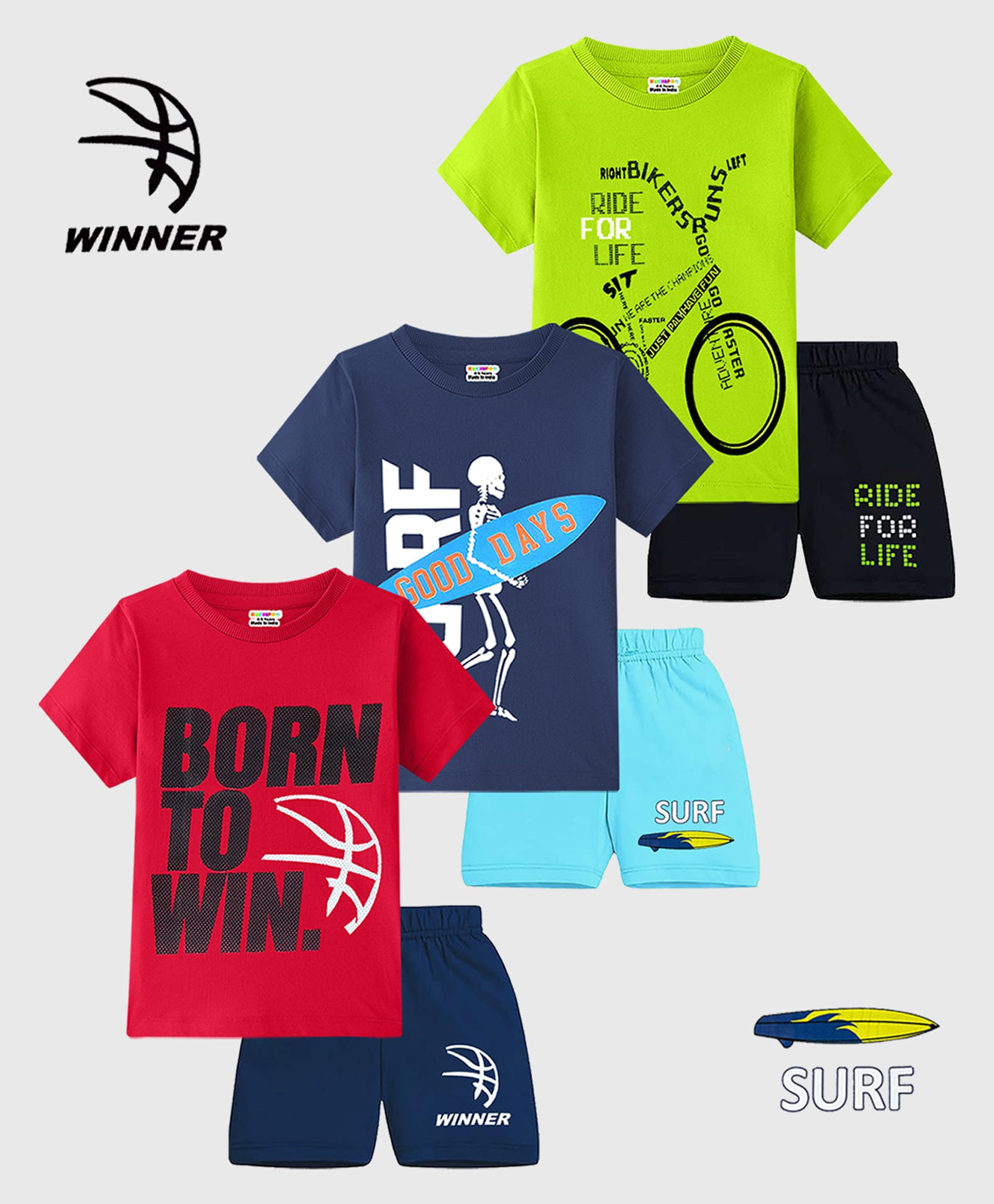 Kuchipoo Knit Half Sleeves Skeleton Text & Vehicles Printed T-Shirt & Shorts Set Pack of 3 - Red Navy & Neon Green-image-49