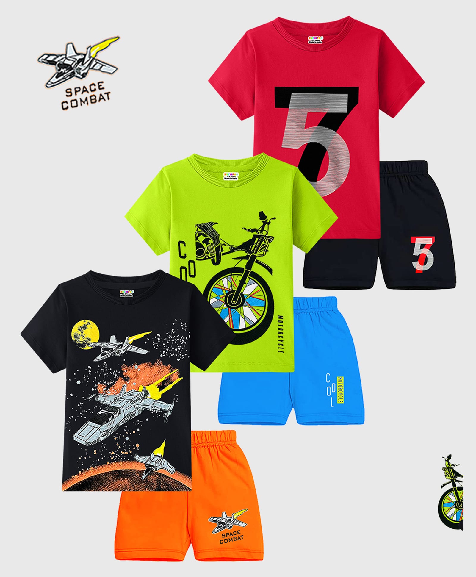 KUCHIPOO Knit Half Sleeves Space Theme Vehicles & Text Printed T-Shirts & Shorts Pack Of 3 - Black Red & Lime Green-image-6