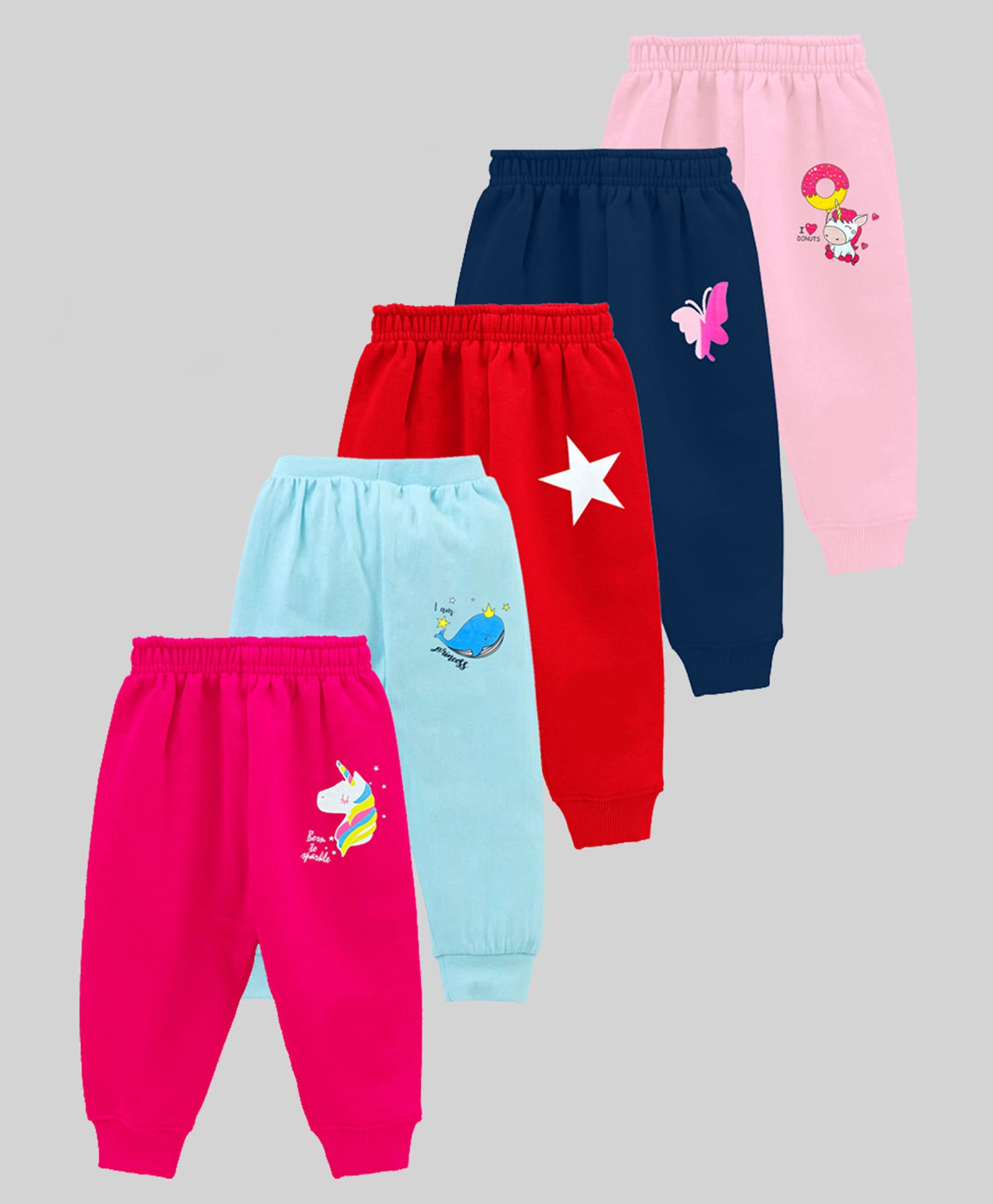 Kuchipoo Knit Full Length Lounge Pant with Unicorn & Butterfly Print Pack of 5 - Sky Blue Pink & Red-picture-45