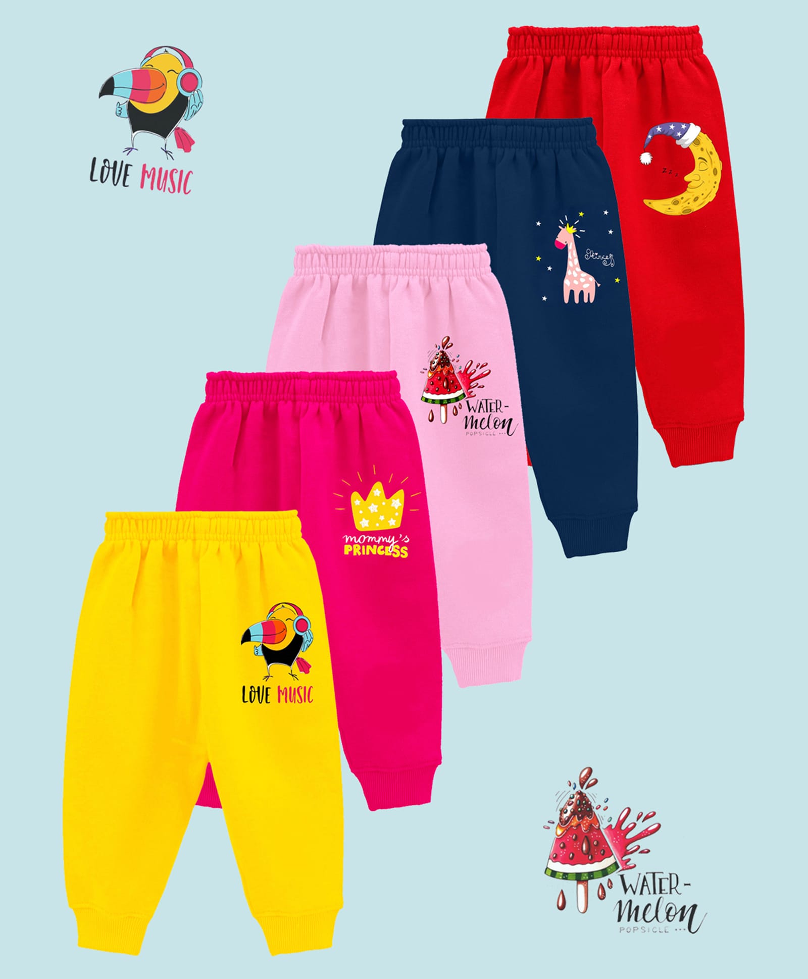 Kuchipoo Knit Full Length Birds & Moon Printed Lounge Pant Pack of 5 - Red Blue & Yellow-image-17
