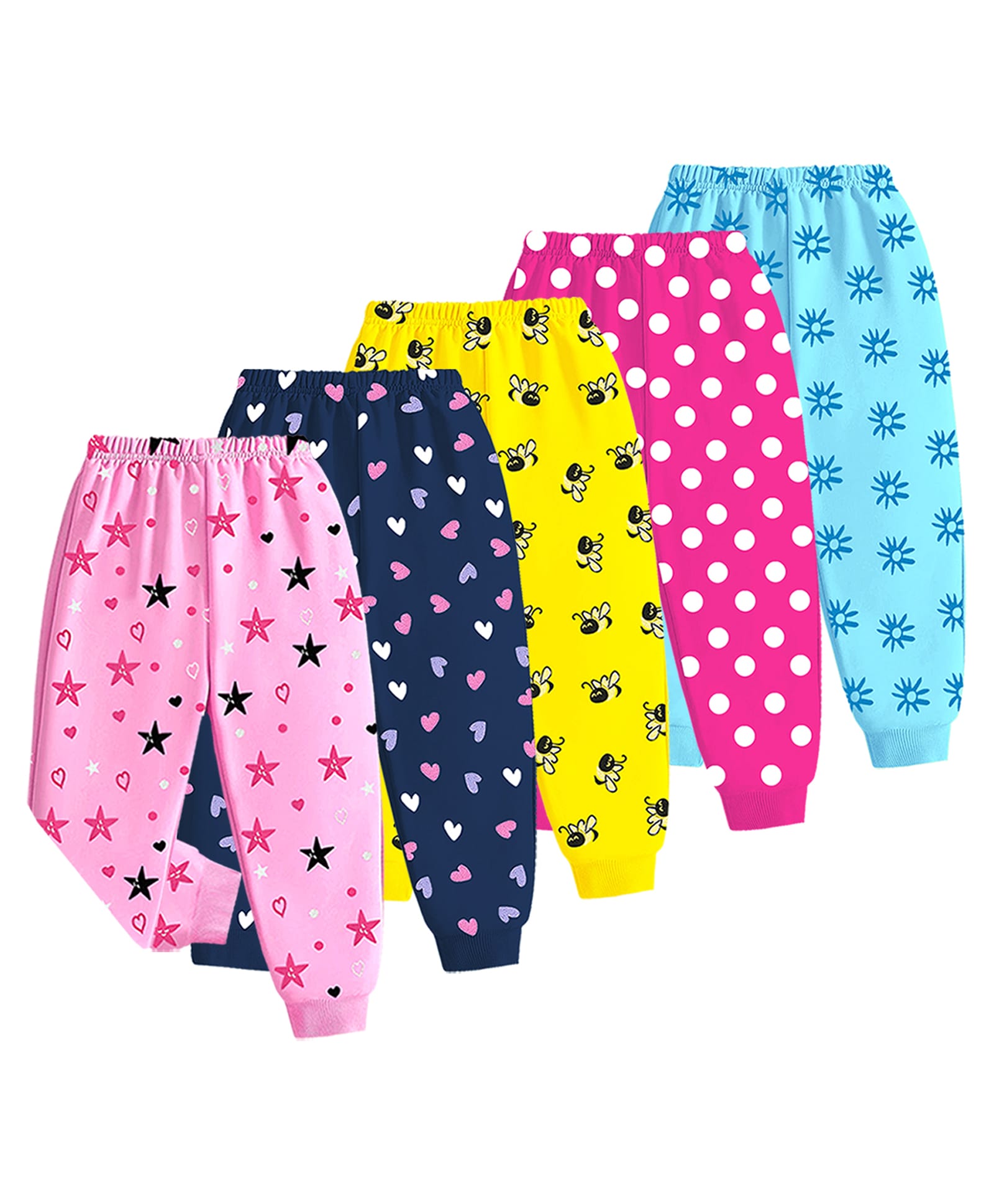 Kuchipoo Cotton Blend Knit Full Length Pajamas With Hearts, Stars, Polka Dots & Floral Print Pack Of 5 - Pink, Yellow, Violet & Aqua Blue-picture-19