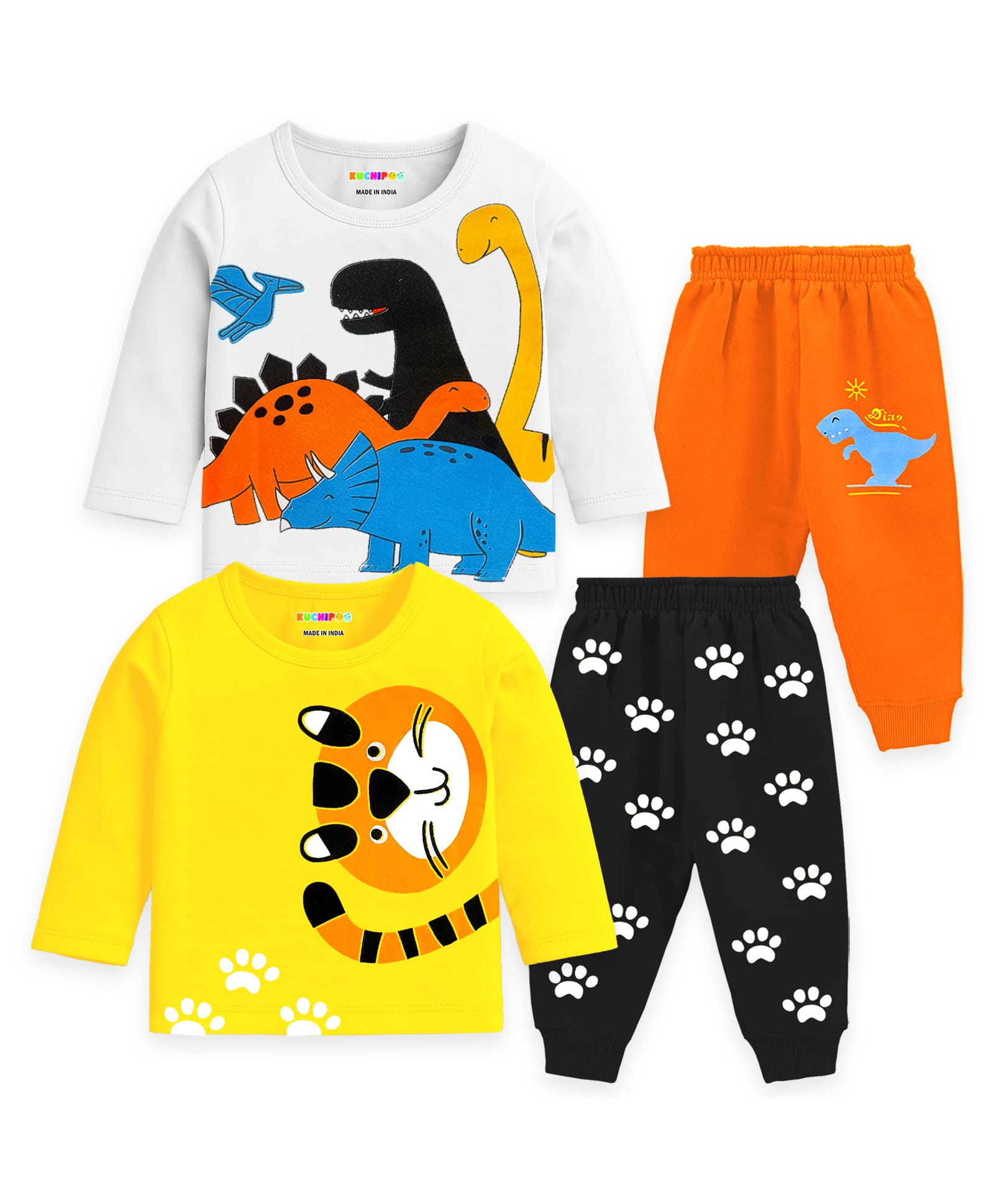 Kuchipoo Knit Full Sleeves Tiger & Dinosaur Printed T-Shirts & Lounge Pant Set Pack of 2 - Orange & Yellow-picture-15