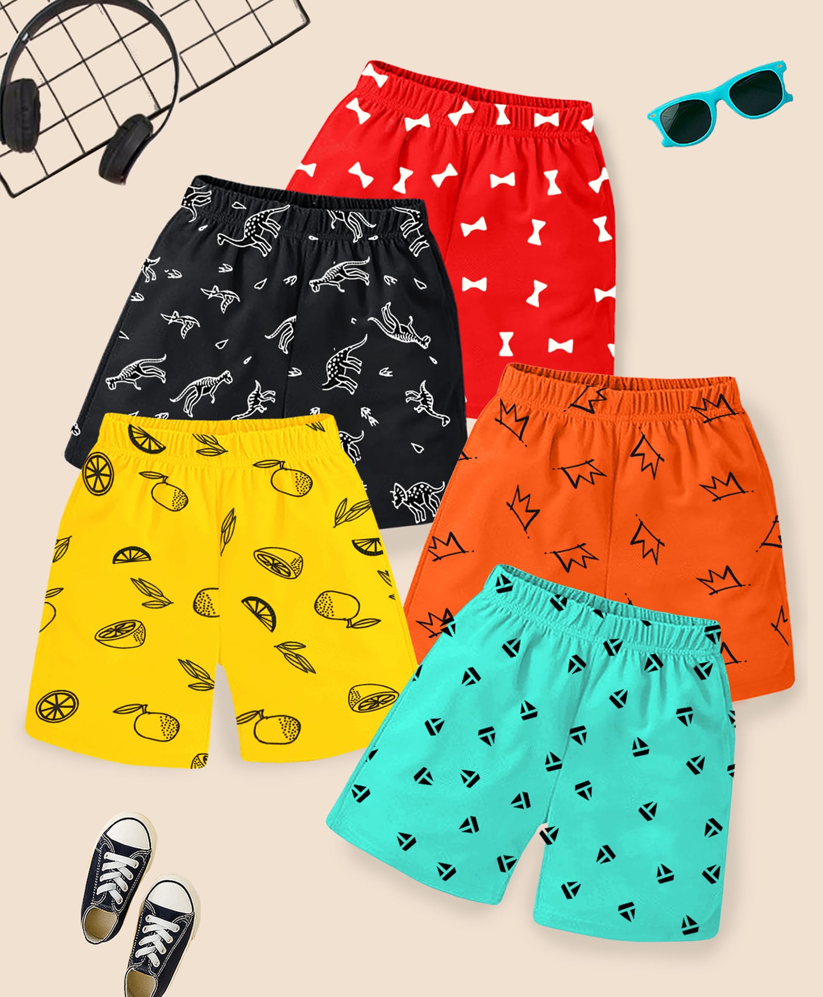 KUCHIPOO Knit Dino Nautical & Tropical Theme Printed Shorts Pack of 5 - Red Yellow & Black-image-5