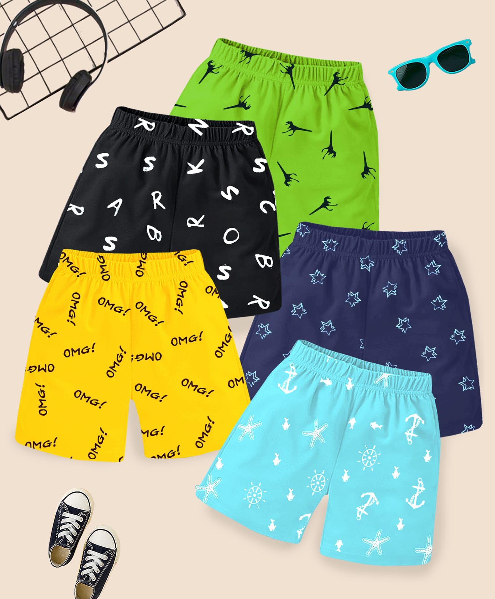 Kuchipoo Cotton Blend Knit Shorts with Albhabet & Nautical Theme Print Pack of 5 - Navy Blue Neon Green & Sky Blue-picture-23