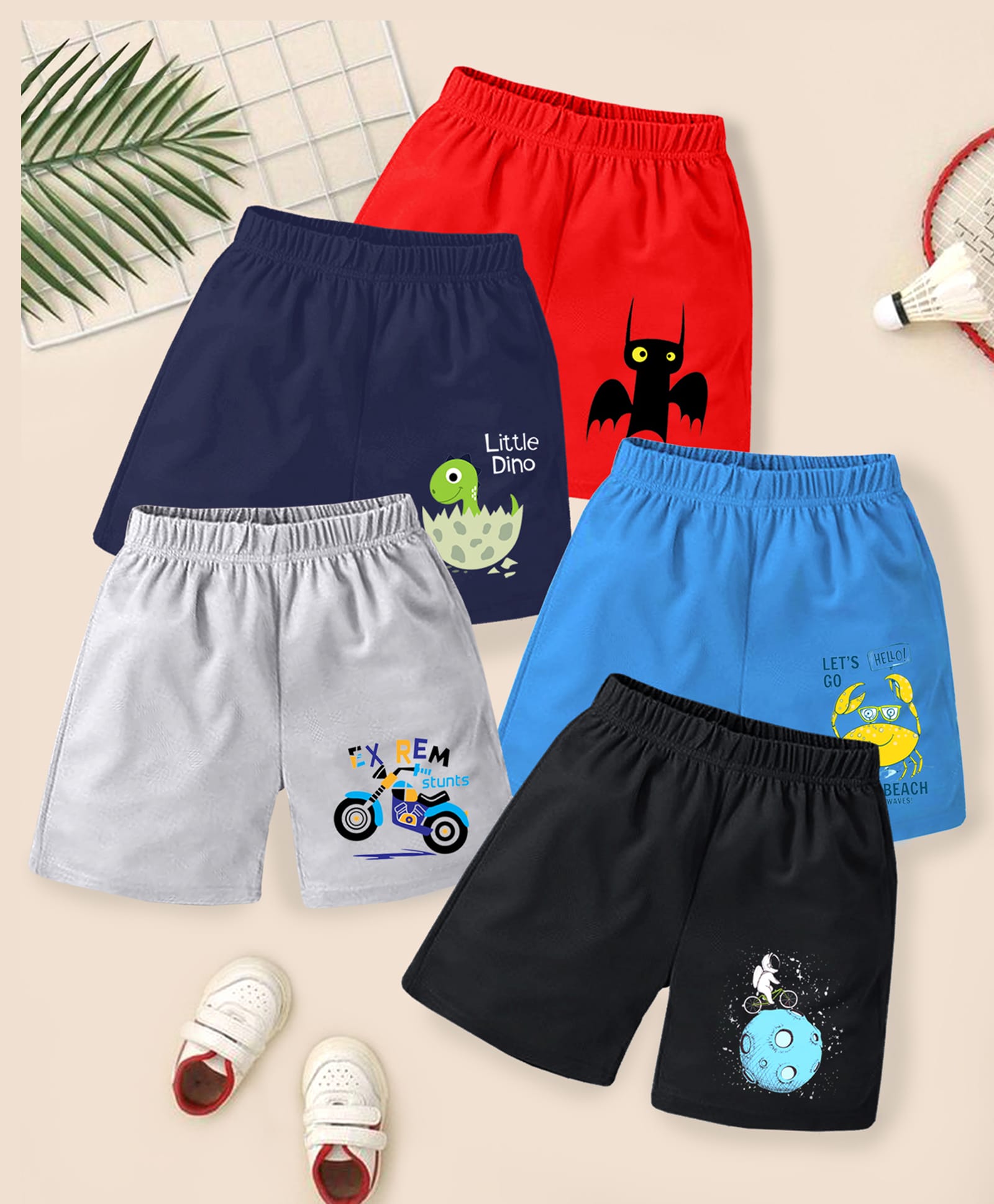 Kuchipoo Cotton Blend Knit Shorts with Vehicles & Animal Print Pack of 5 - Red Navy Blue & Black-image-46