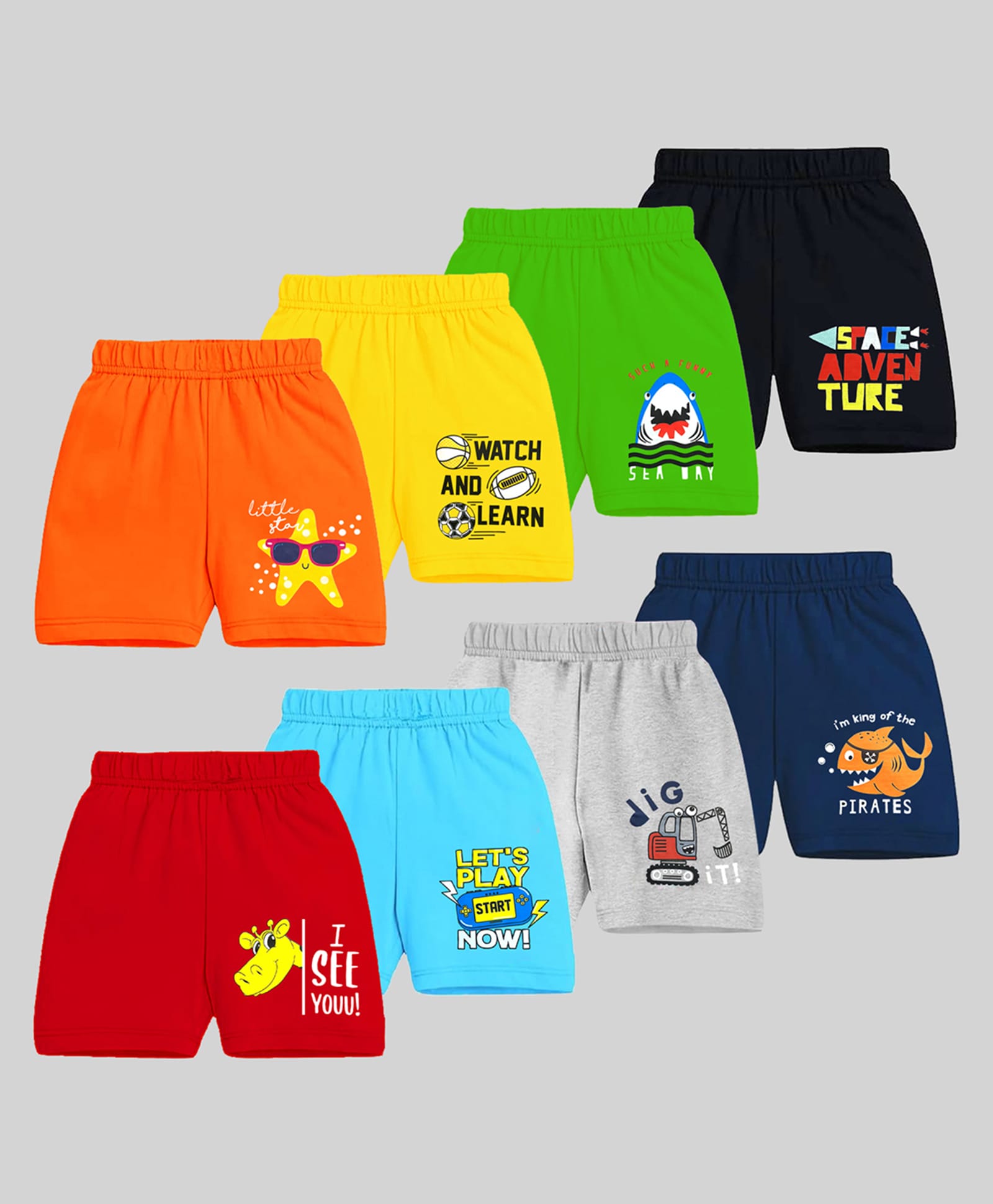 Kuchipoo Cotton Blend Knit Shorts with Sharks & Animal Print Pack of 8 - Red Navy Blue & Black-image-45