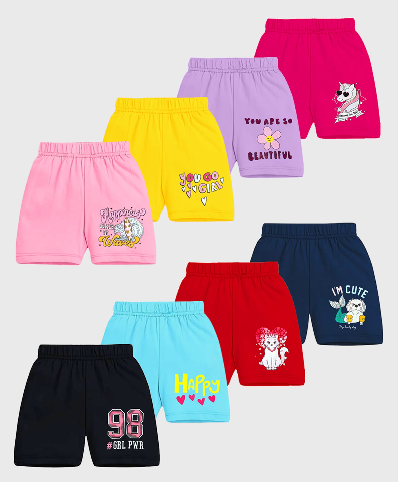 Kuchipoo Cotton Blend Knit Shorts with Mermaid Unicorn & Floral Print Pack of 8 - Purple Pink & Yellow-picture-24