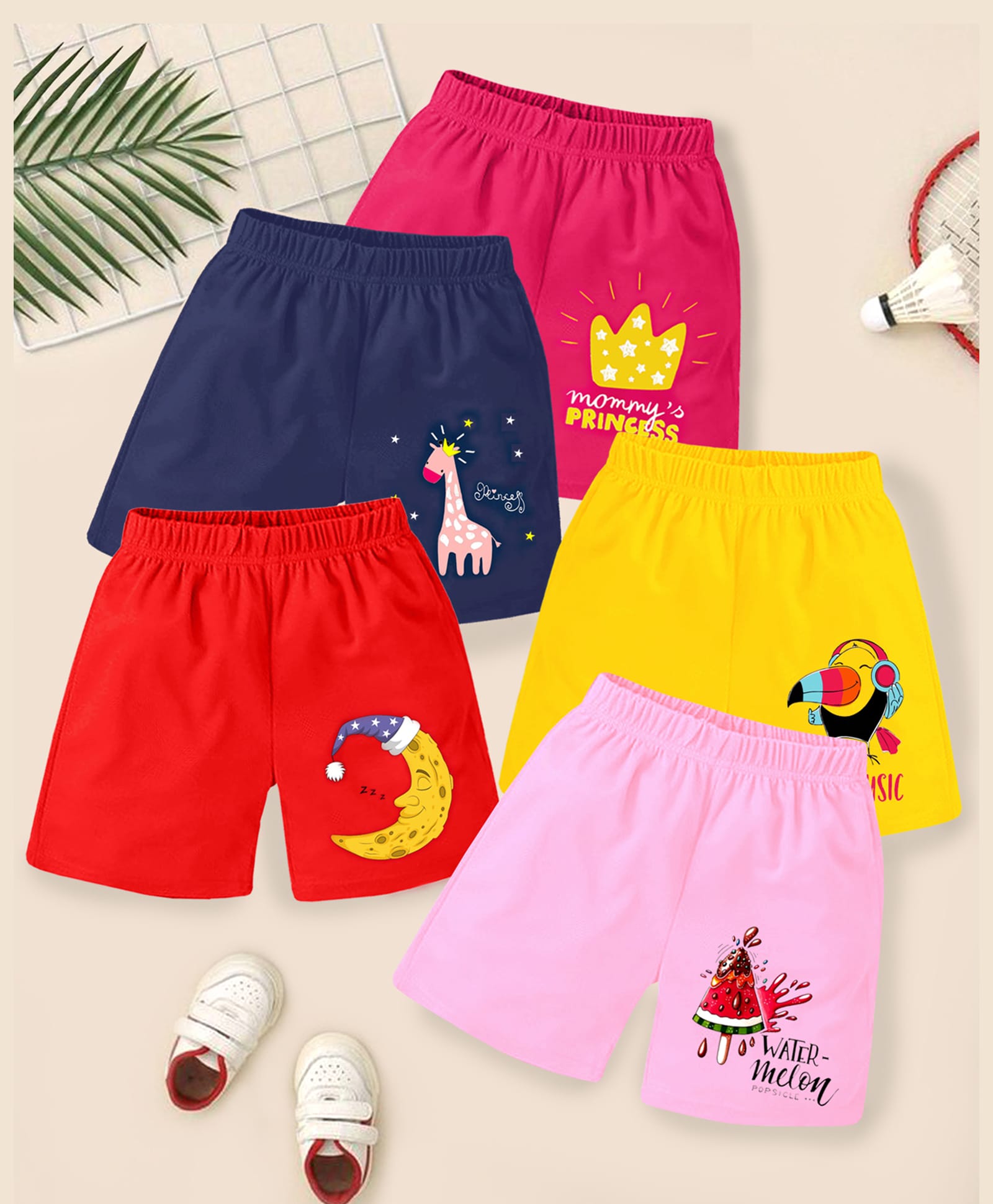 KUCHIPOO Cotton Knit Shorts With Duck Giraffe Crown & Moon Print Pack Of 5 - Yellow Red & Navy Blue-image-47