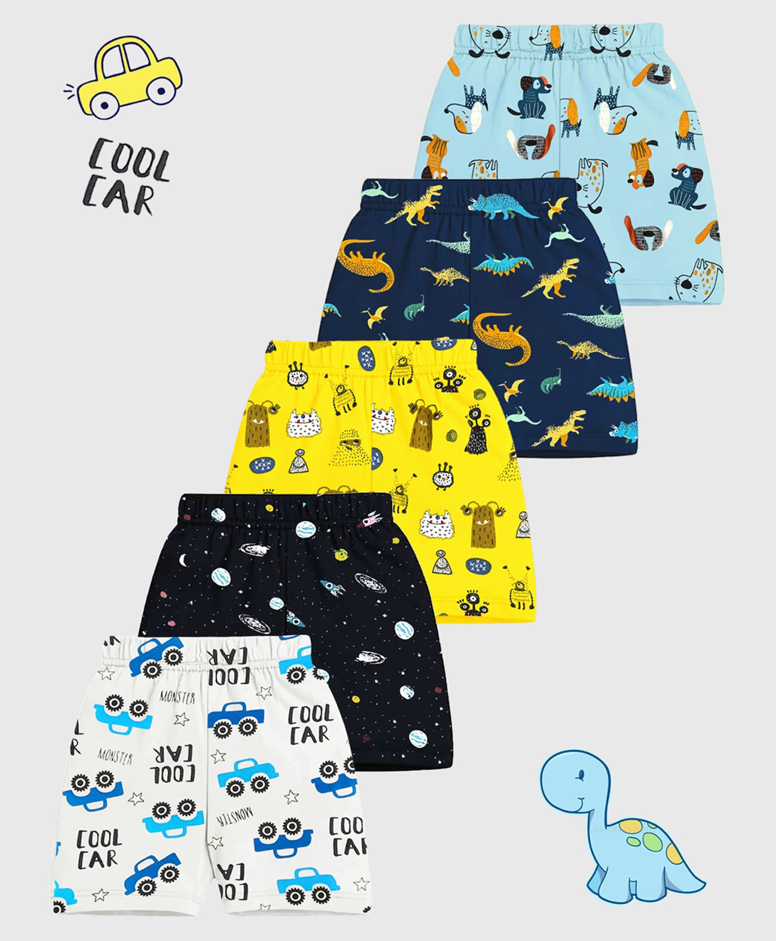 Kuchipoo 100% Cotton Knit Shorts with Dino Space Theme & Vehicles Print Pack of 5 - Light Blue Black & White-image-49