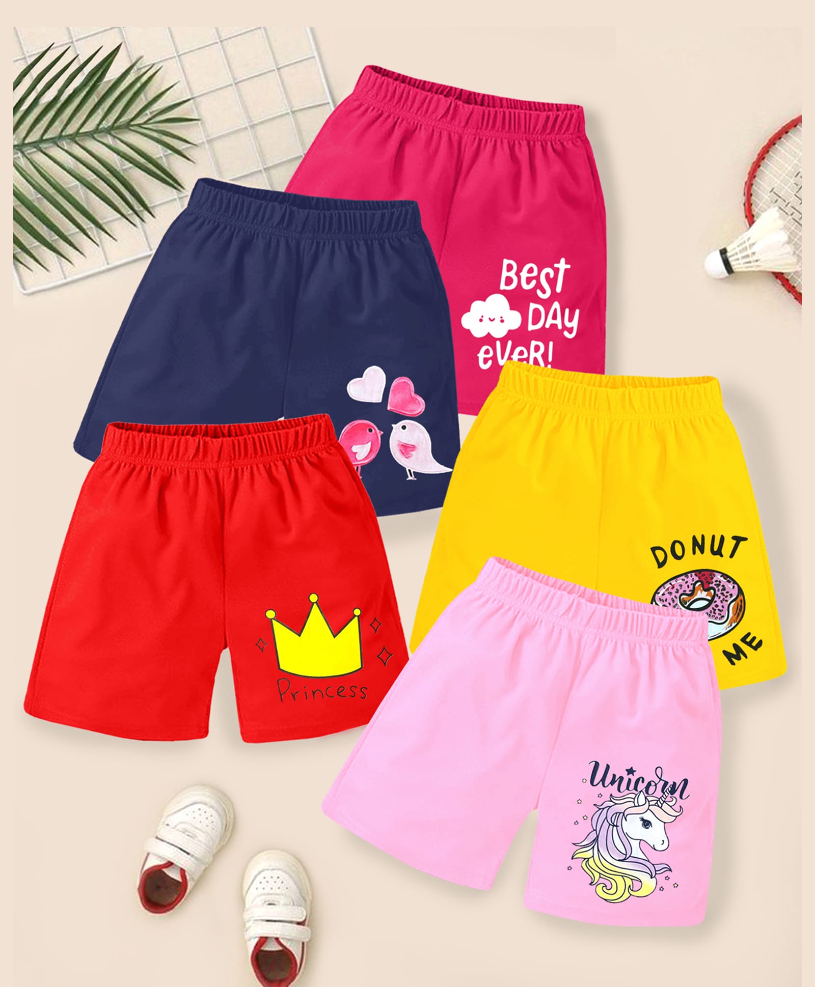 KUCHIPOO Cotton Knit Shorts With Unicorn Crown & Birds Print Pack of 5 - Pink-image-17