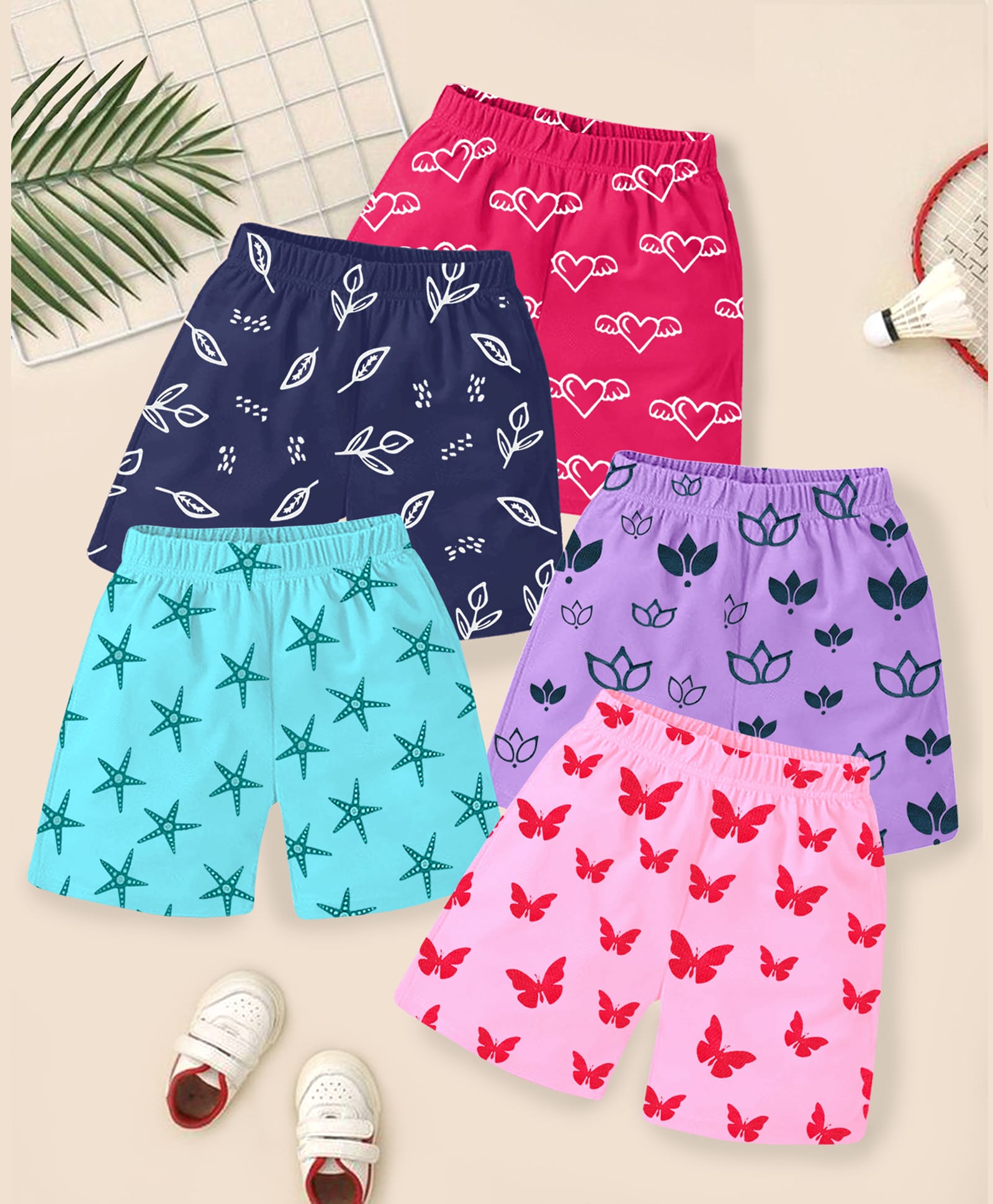 Kuchipoo Cotton Blend Knit Shorts with Hearts Stars & Birds Print Pack of 5 - Blue Pink & Lilac-picture-27