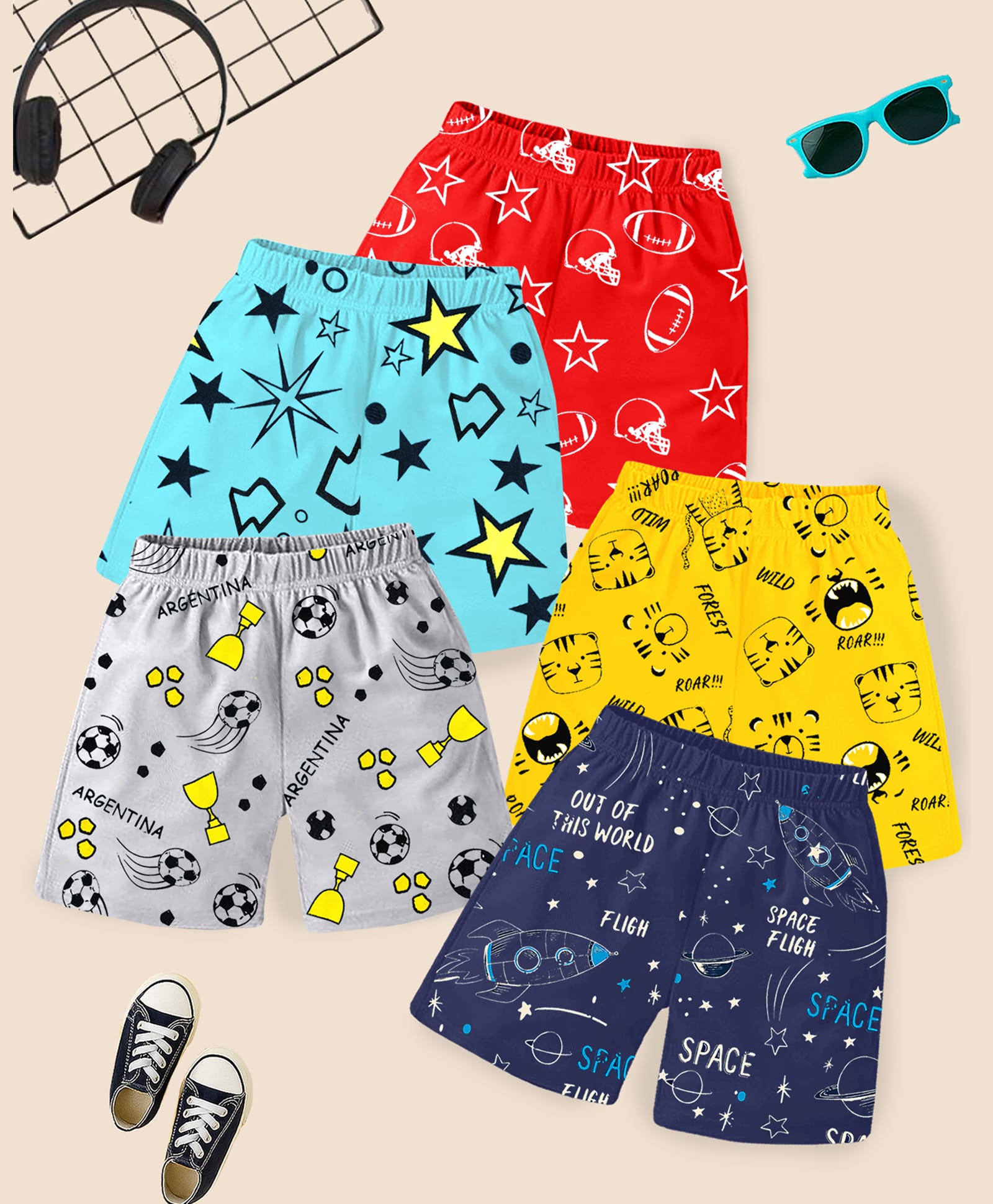 KUCHIPOO Cotton Knit Space Theme Animal Football Printed Shorts Pack Of 5 - Navy Blue Red & Yellow-picture-15