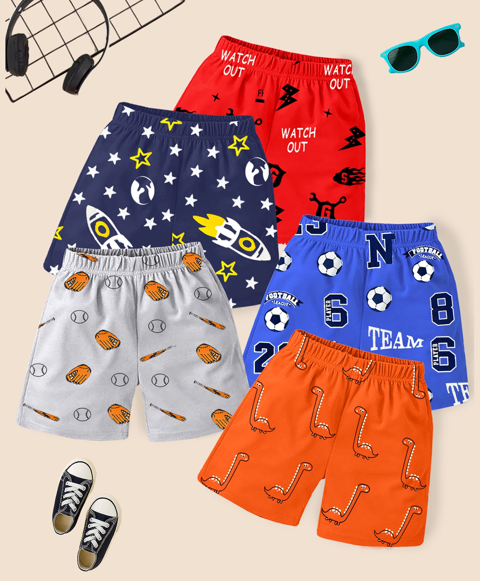 Kuchipoo Cotton Blend Knit Shorts with Rocket Football & Dino Print Pack of 5 - Navy Blue Orange & Red-image-28