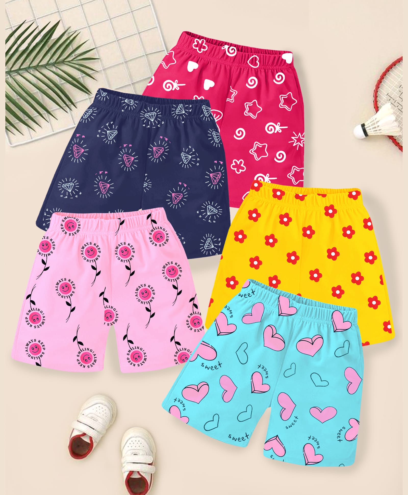 Kuchipoo Cotton Blend Knit Shorts with Hearts Stars & Floral Print Pack of 5 - Navy Blue Pink & Yellow-picture-18