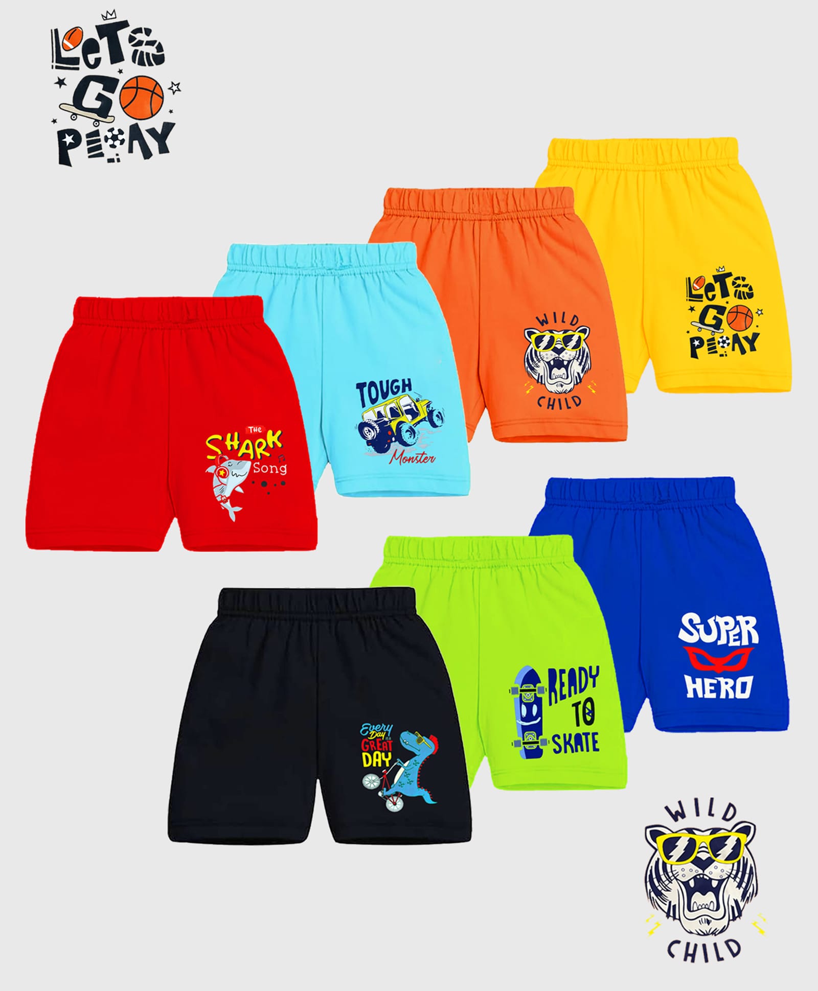 KUCHIPOO Knit Tiger Shark & Text Printed Shorts Pack of 7 - Red Blue & Yellow-picture-26