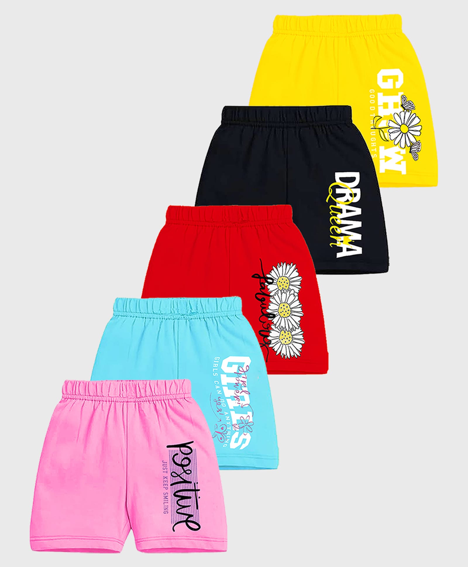 KUCHIPOO Knit Shorts With Floral & Text Print Pack Of 5 - Black Red & Yellow-image-1