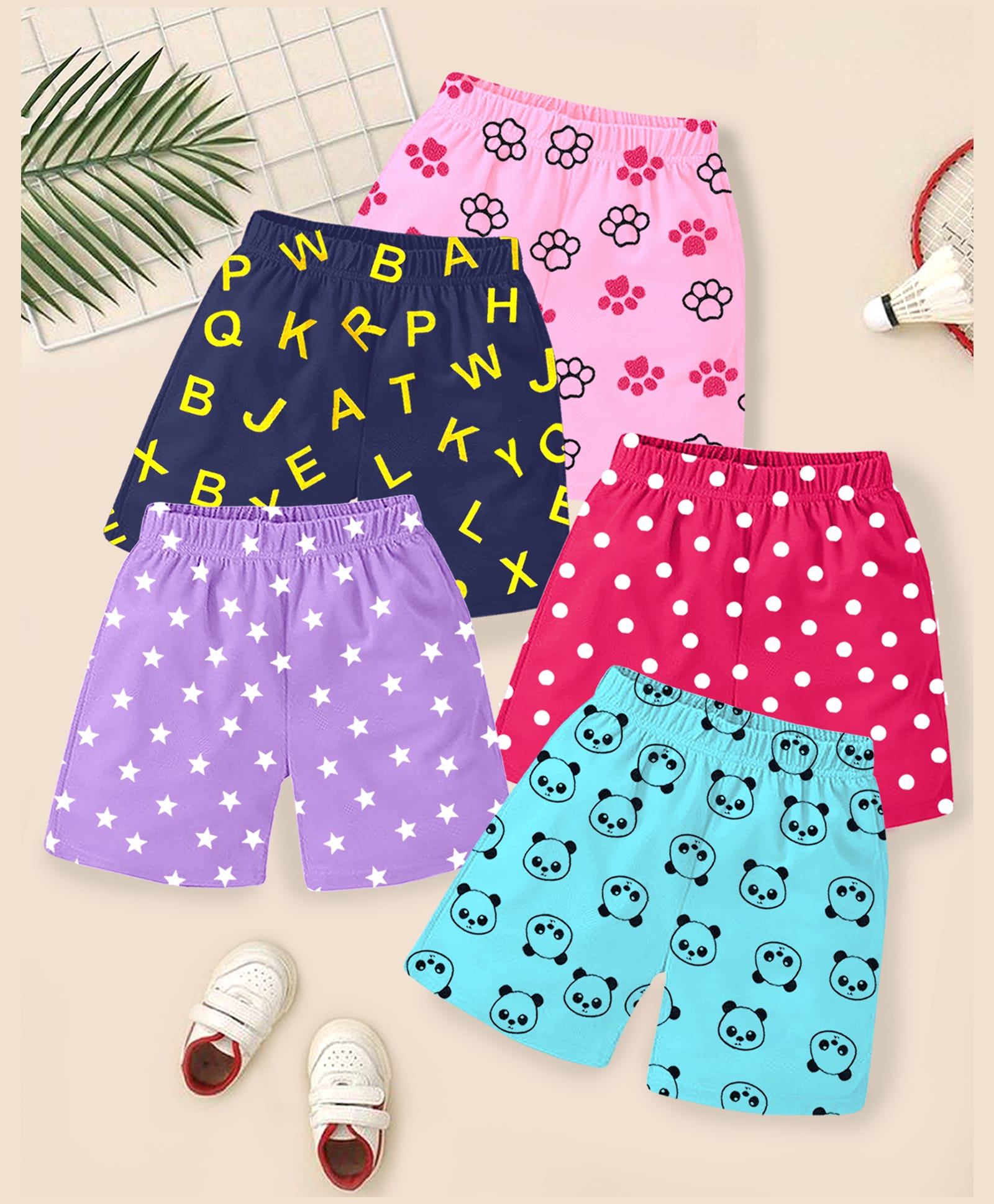 Kuchipoo Cotton Blend Knit Shorts with Panda Stars & Alphabets Print Pack of 5 - Pink Blue & Black-image-44