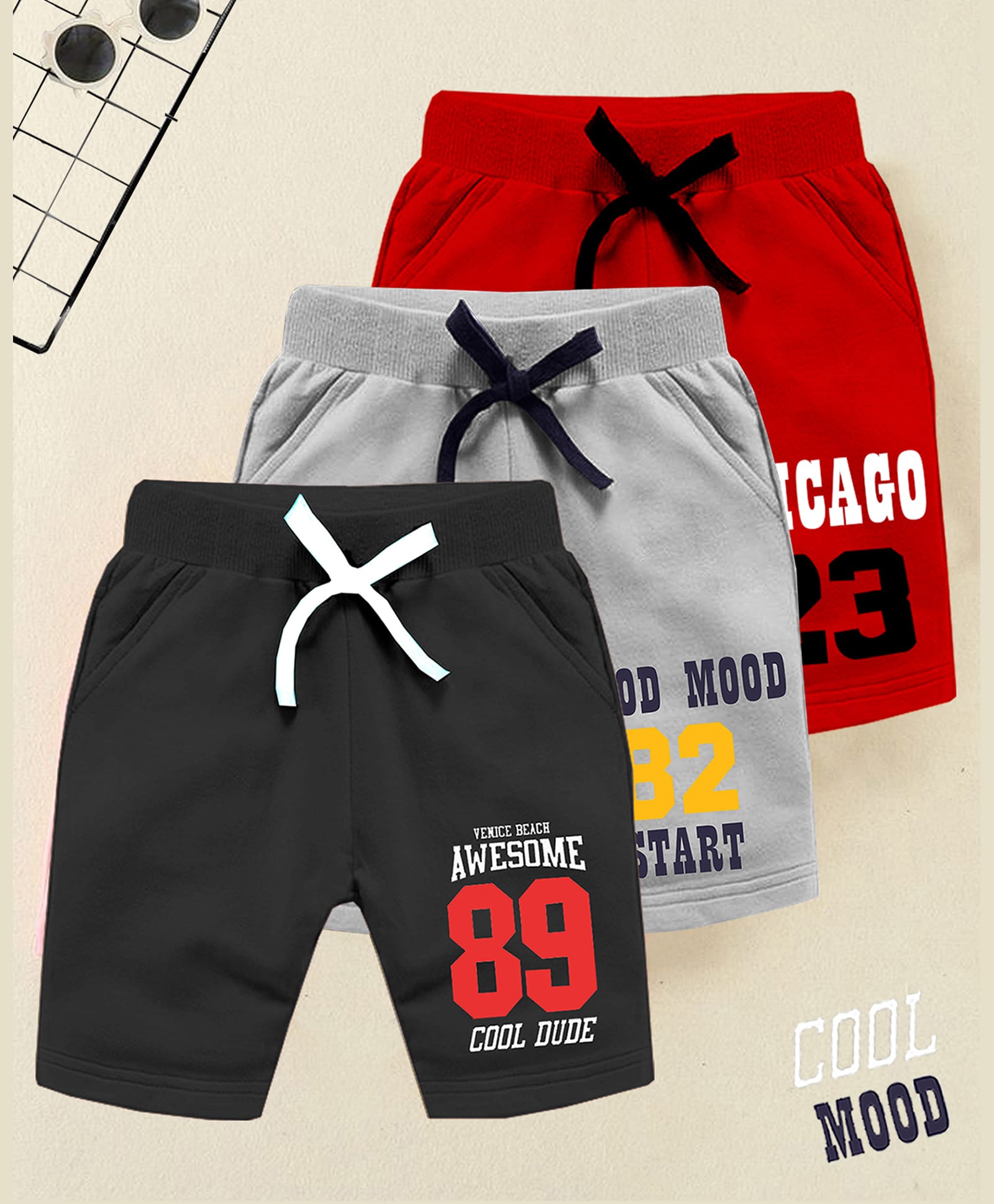 Kuchipoo Cotton Blend Knit Shorts with Typography Print Pack of 3 - Red Grey & Black-picture-22