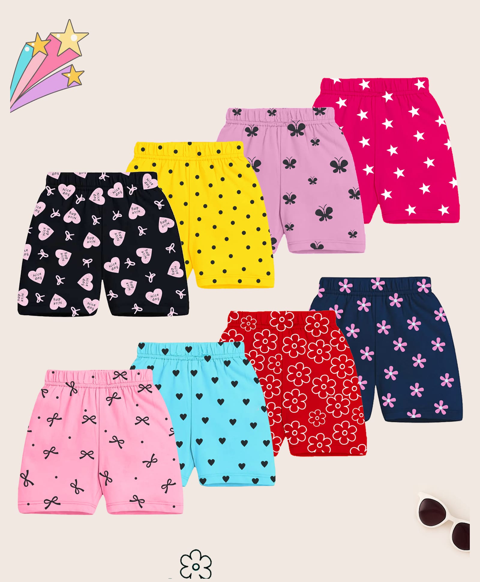 Kuchipoo Cotton Blend Knit Shorts with Polka Dots Stars & Floral Print Pack of 8 - Lilac Pink & Black-picture-17